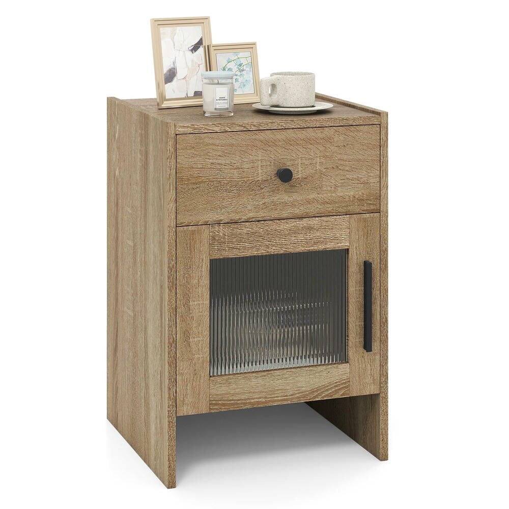 Front. Kadyn - Classic Bedside Cabinet – Drawer + Enclosed Cabinet Storage, Multifunctional Nightstand for Bedroom, Antique Brush White - Brown.