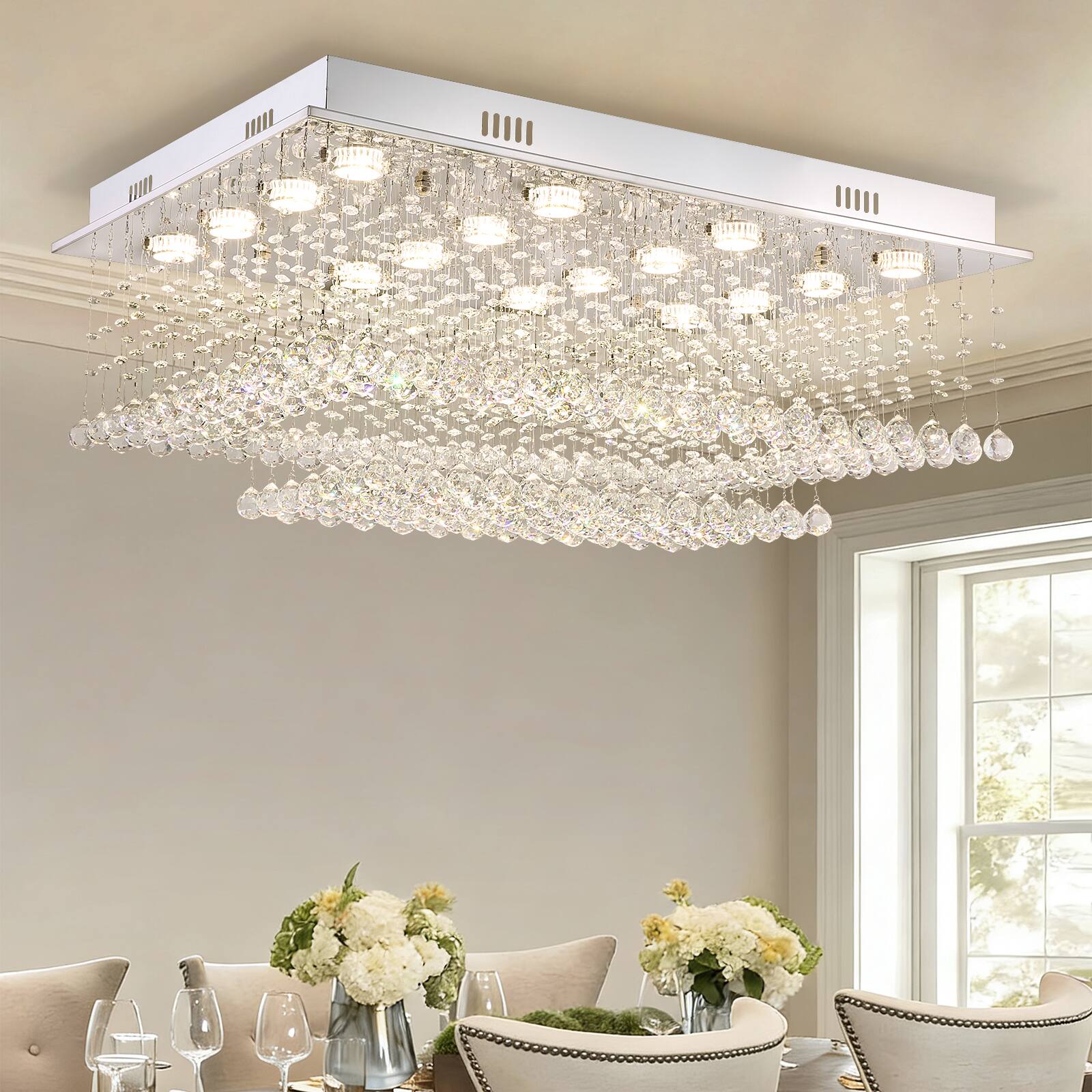 Angle. Siljoy - 35.4" Luxury Rectangular K9 Crystal Flush Mount Light, Modern Waterfall Chandelier for Living Room Dining Foyer - Chrome.