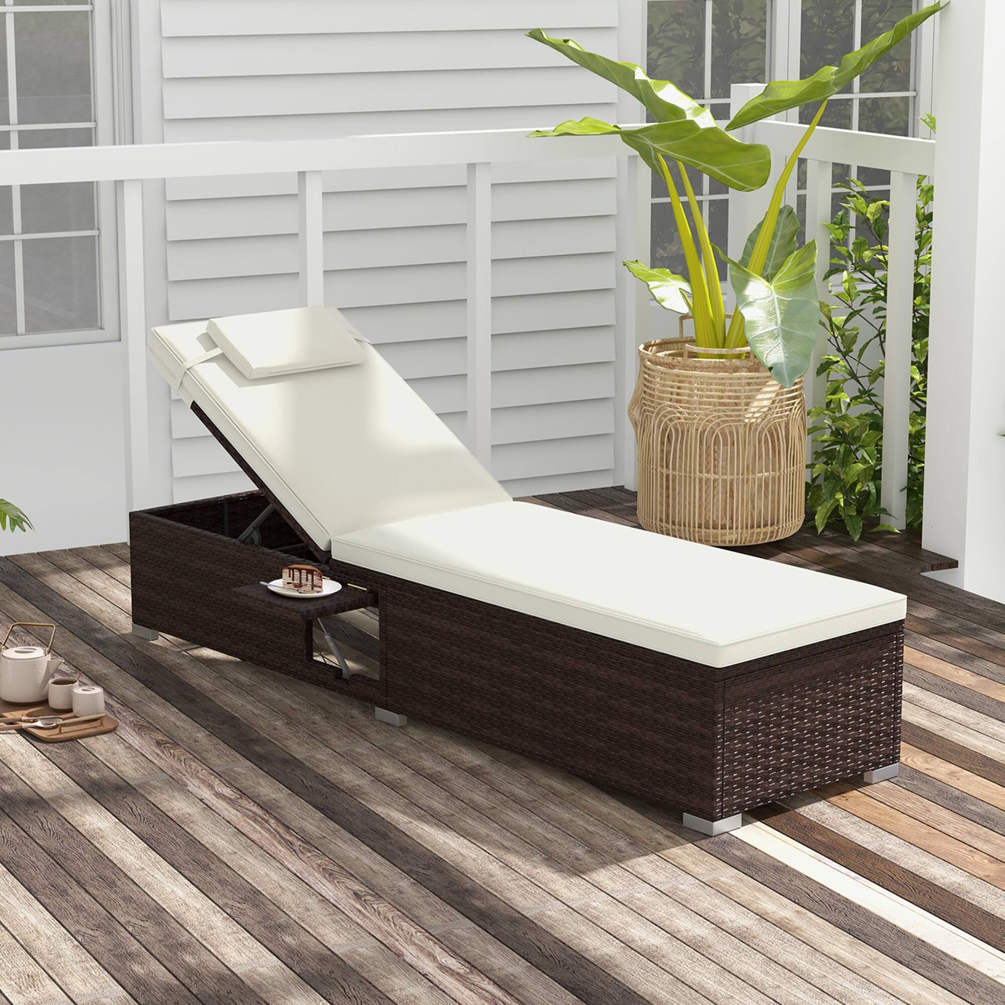 Alt View 1. Costway - 1 PCS Patio Chaise Lounge with 6-level Backrest, Comfy Seat Cushion & Headrest - Mix Brown + Off White.