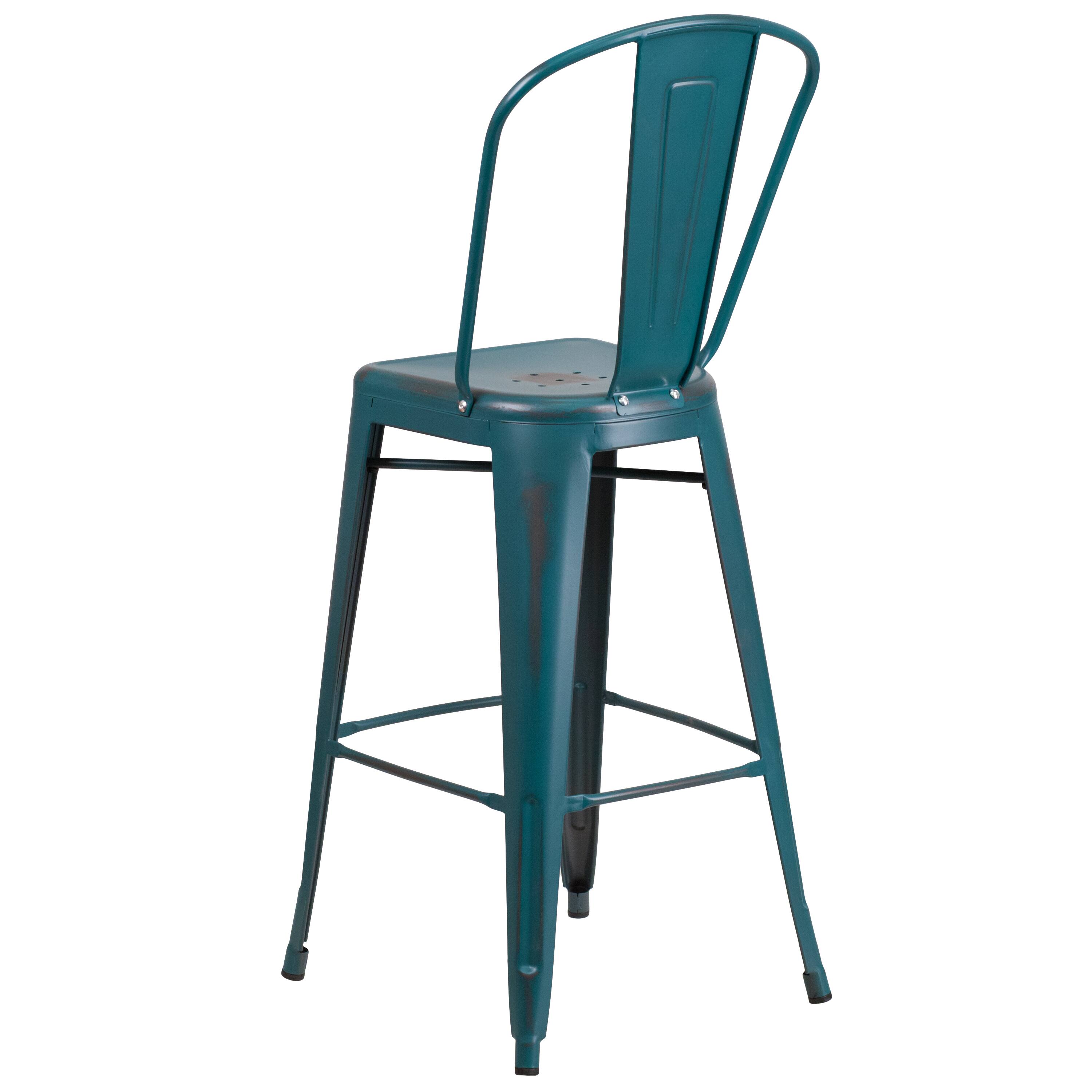 Alt View 5. Emma + Oliver - Commercial Grade 30"H Distressed Colorful Metal Indoor-Outdoor Barstool w/ Back - Kelly Blue-Teal.