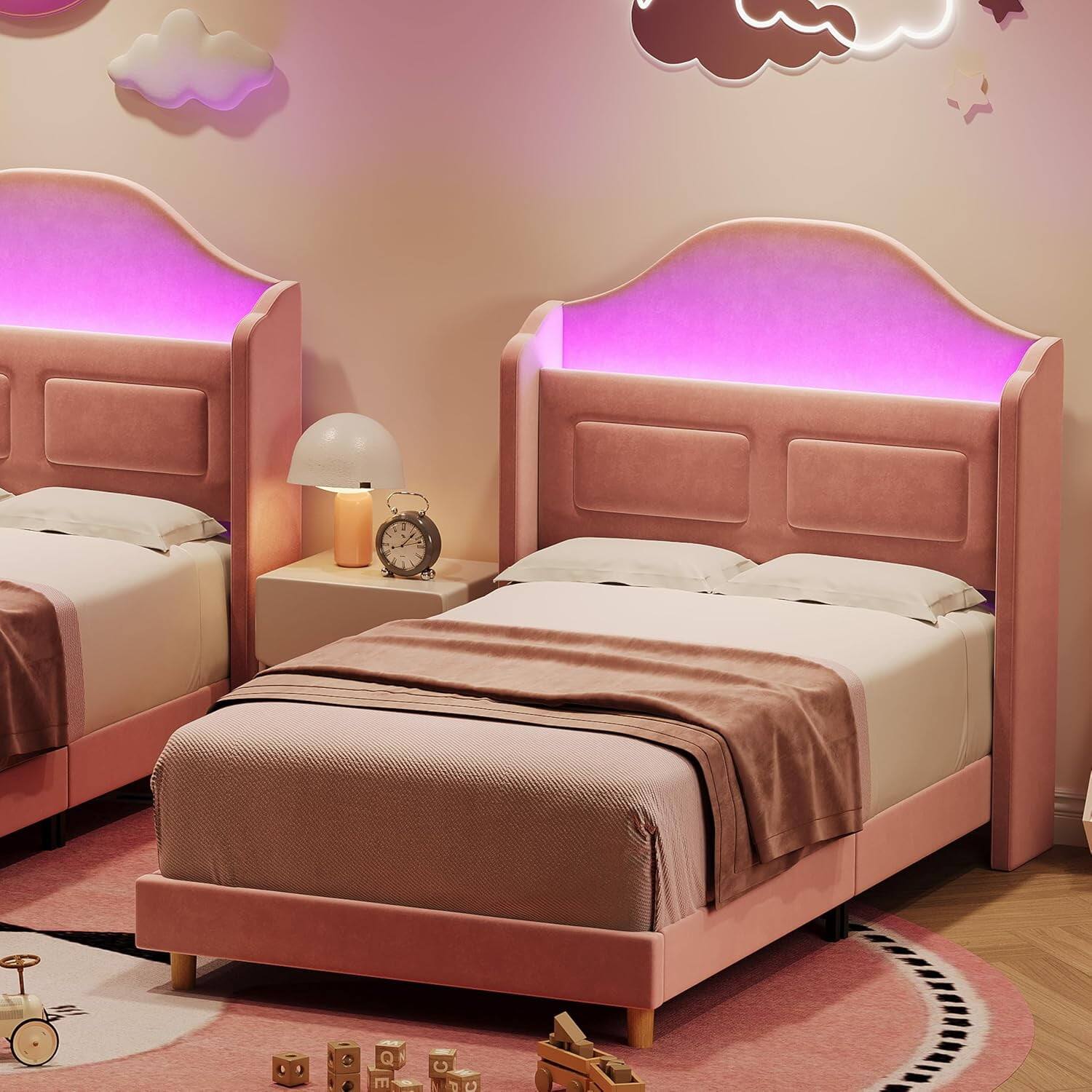 Alt View 4. Qeetex - Twin Size Bed Frame with Headboard, LED Lights, Velvet Upholstered, Wing Back, Easy Assembly, No Box Spring - Pink - Pink Twin.