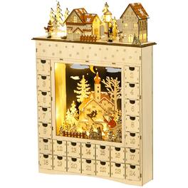 Homcom - Christmas Advent Calendar, Light Up Wooden Holiday Decor w/ 24 Countdown Drawers & LEDs - Natural Wood