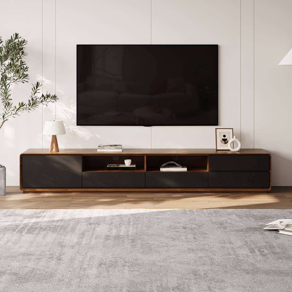 Angle. POVISON - 94" Fully-assembled Modern Wood Black TV Stand, Lowline Media Console with 4 Drawers, Open Storage Cabinet - Dark Wood & Black.