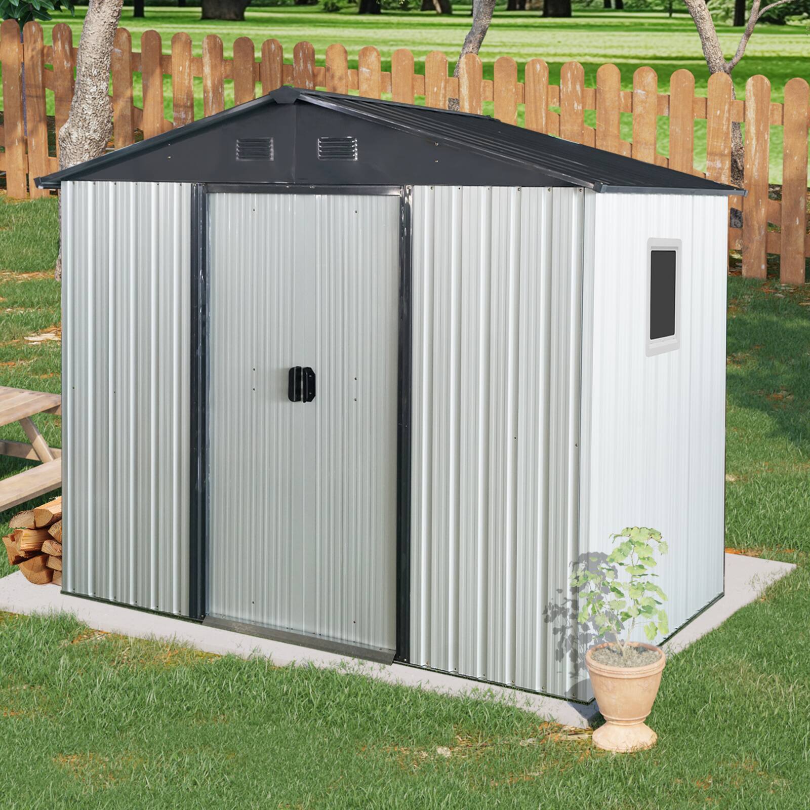 Loheer - 8x4 Metal Storage Shed with Window and Foundation Backyard Storage House for Garden Tools White and Black