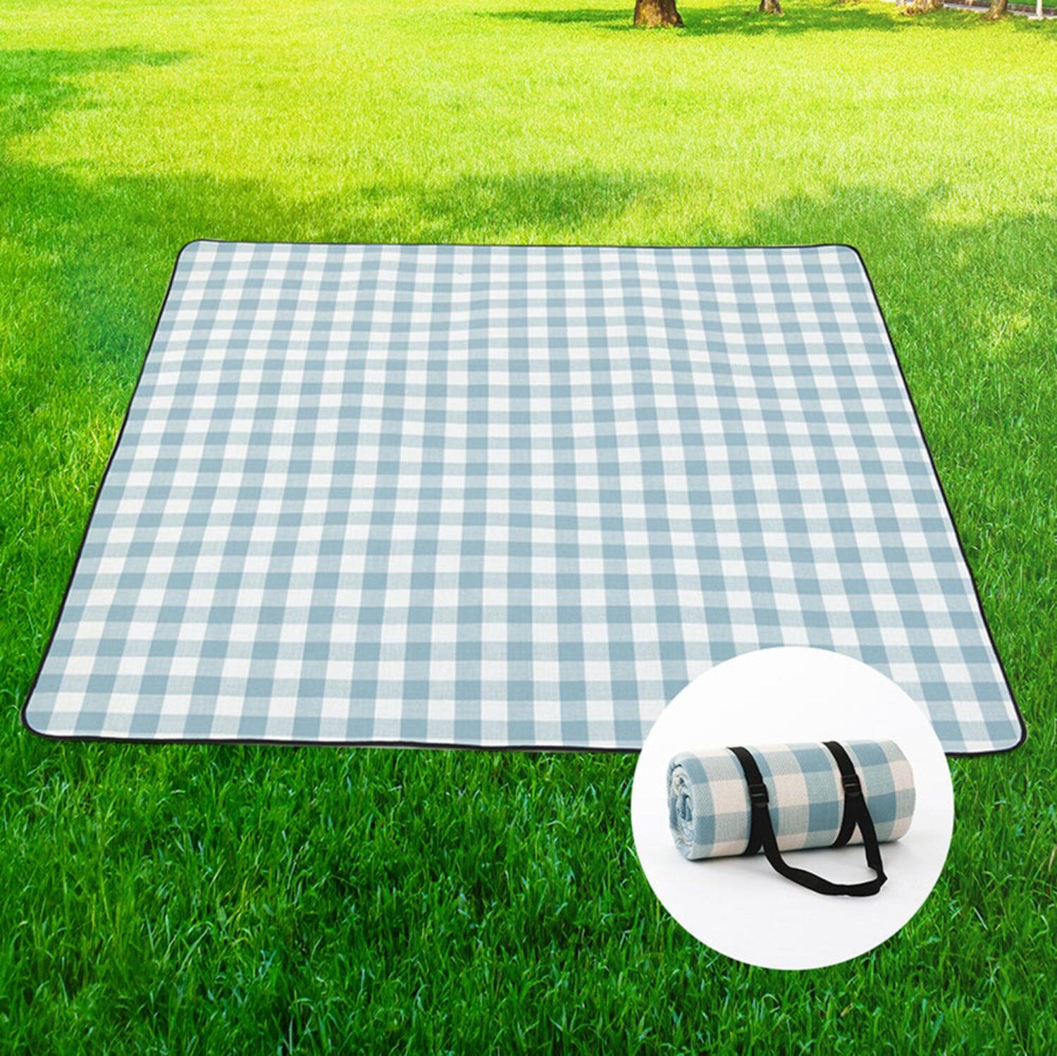 Left. Adivo - Waterproof Outdoor Picnic Blanket - Acrylic Fabric with Plaid Print, Multiple Sizes - Baby Blue.