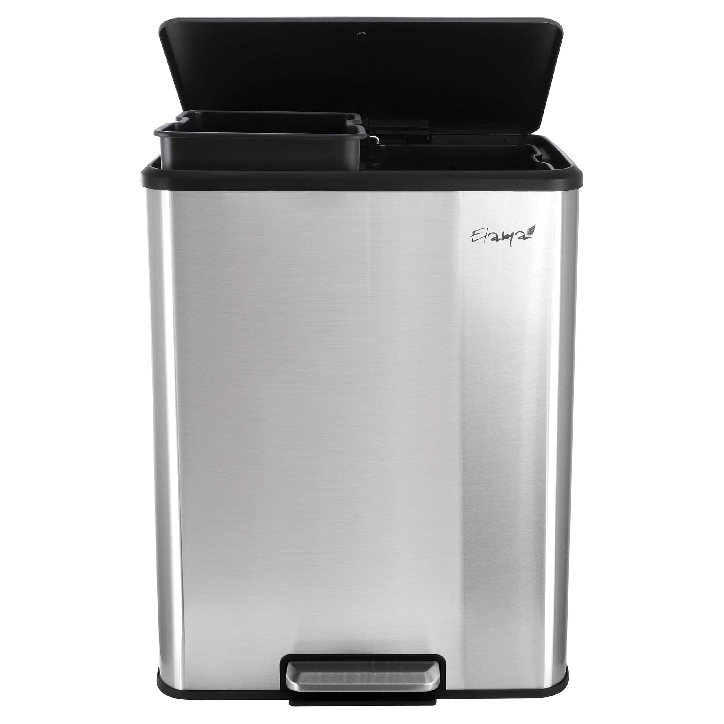 Elama - 60 Liter 2 Compartment Large 8 Gallon Split Stainless Steel Step Trash Bin with Slow Close Mechanism - Silver