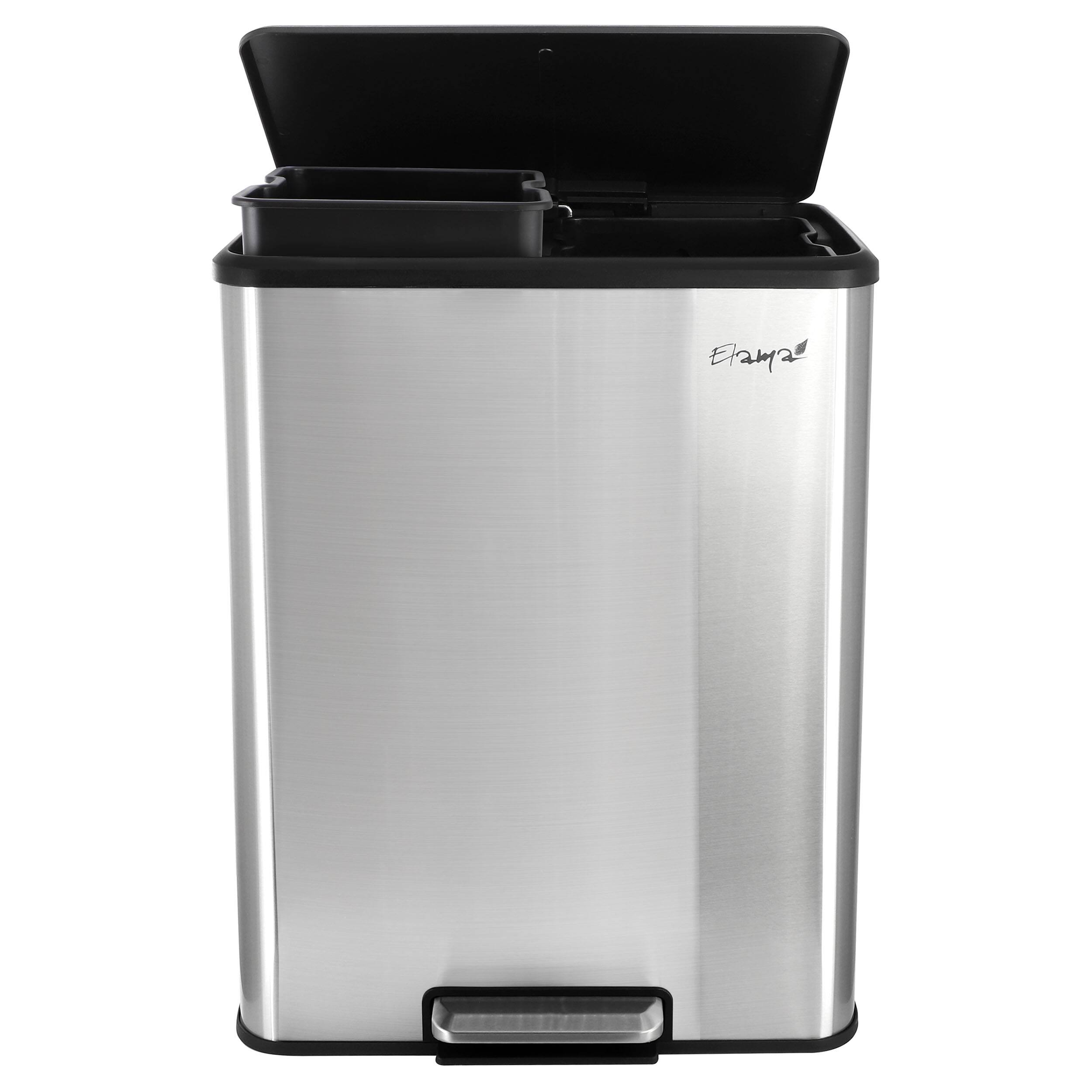 Front. Elama - Elama 60 Liter 2 Compartment Large 8 Gallon Split Stainless Steel Step Trash Bin with Slow Close Mechanism - Silver.