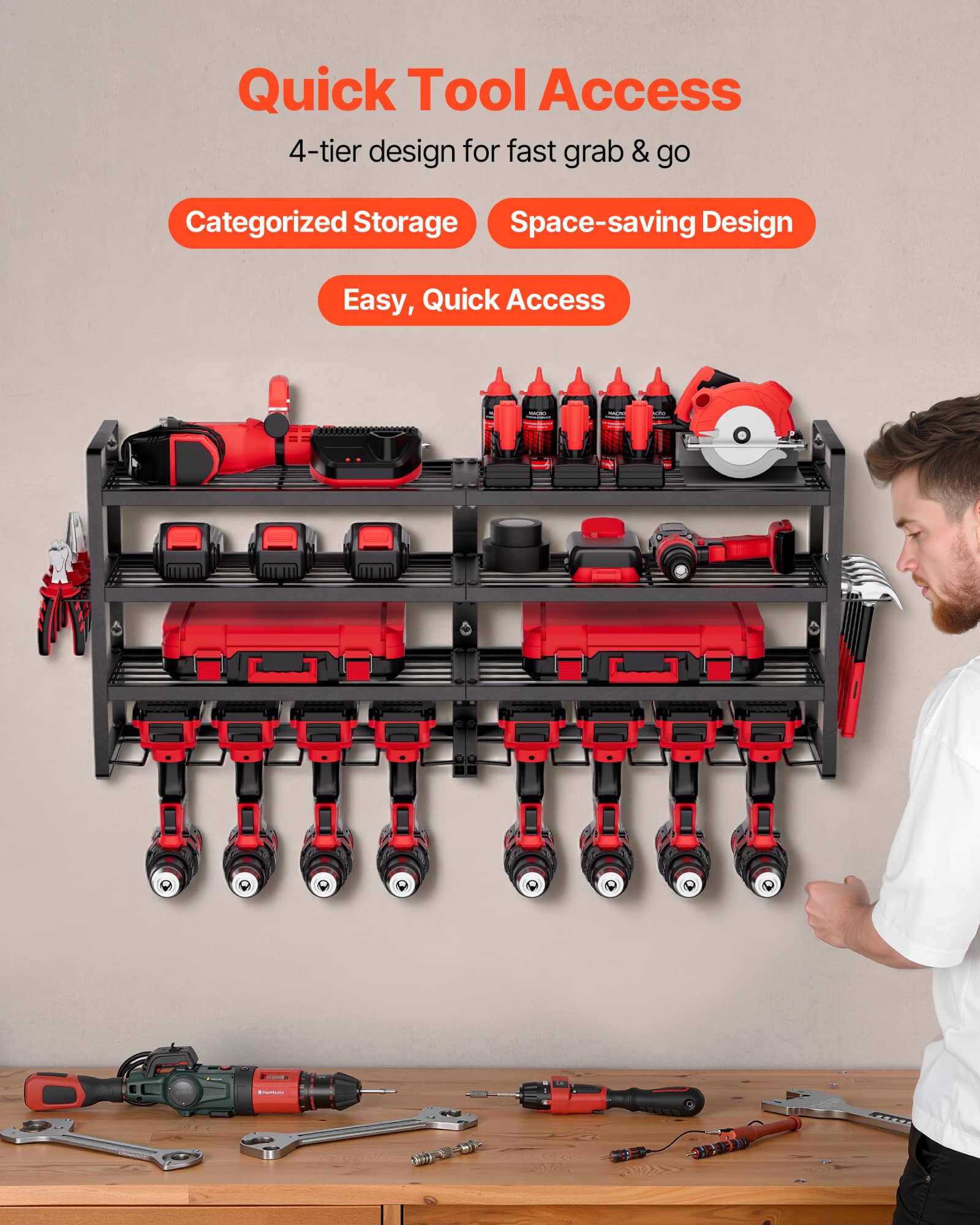 VEVOR Power Tool Organizer Wall Mount, 4 Layer Storage Rack with 8