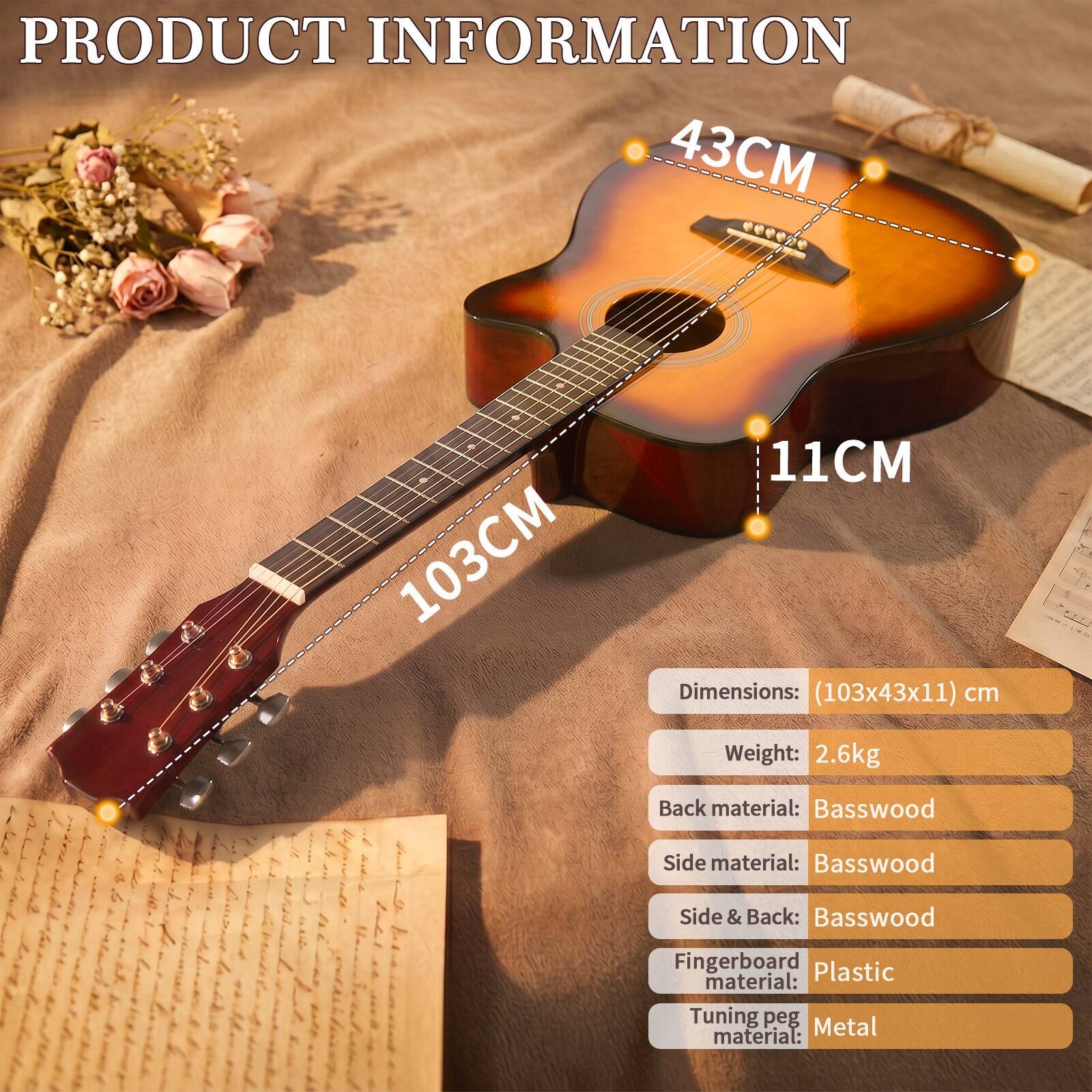 PRODUCT INFORMATION

Dimensions: (103x43x11) cm  
Weight: 2.6kg  
Back material: Basswood  
Side material: Basswood  
Side & Back: Basswood  
Fingerboard material: Plastic  
Tuning peg material: Metal