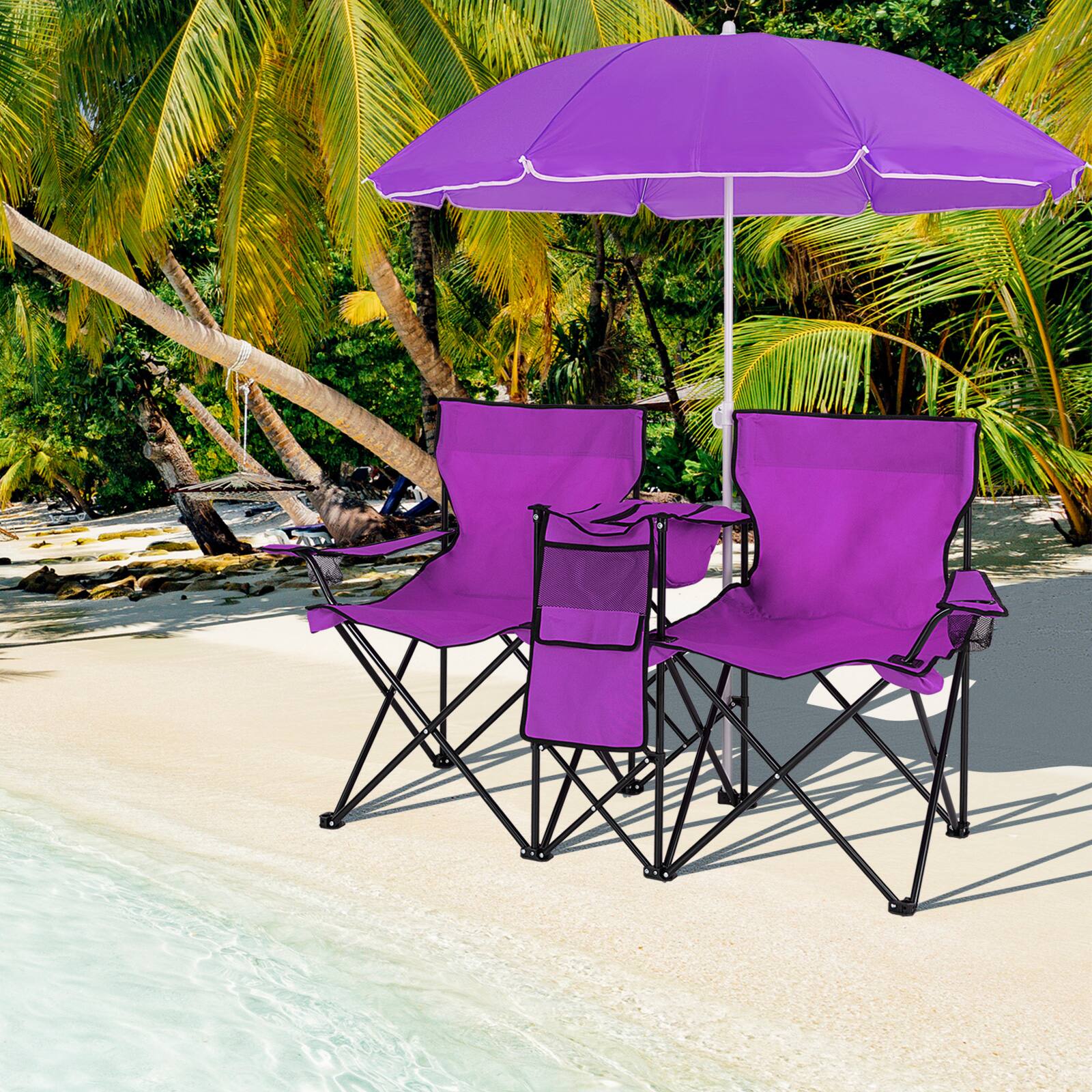 Alt View 3. Costway - Costway Portable Double Camping Chair with Removable Adjustable Umbrella, Carrying Bag - Purple.
