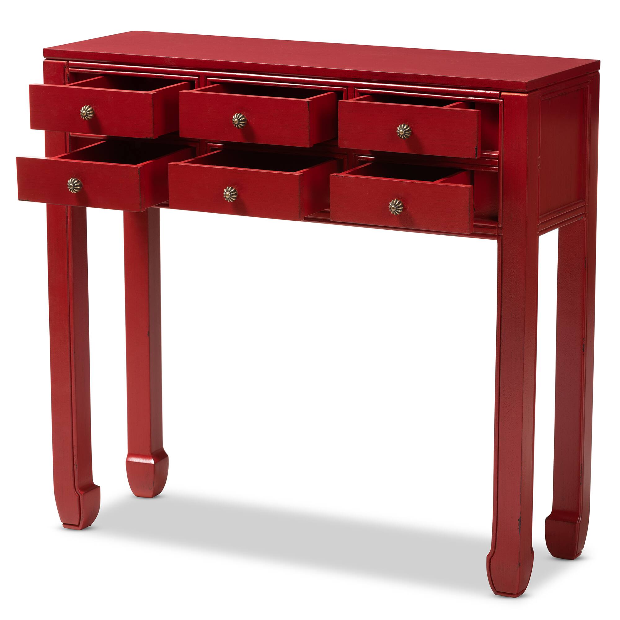 Angle. Baxton Studio - Pomme Classic and Antique Finished Wood Bronze Finished Accents 6-Drawer Console Table - Red.