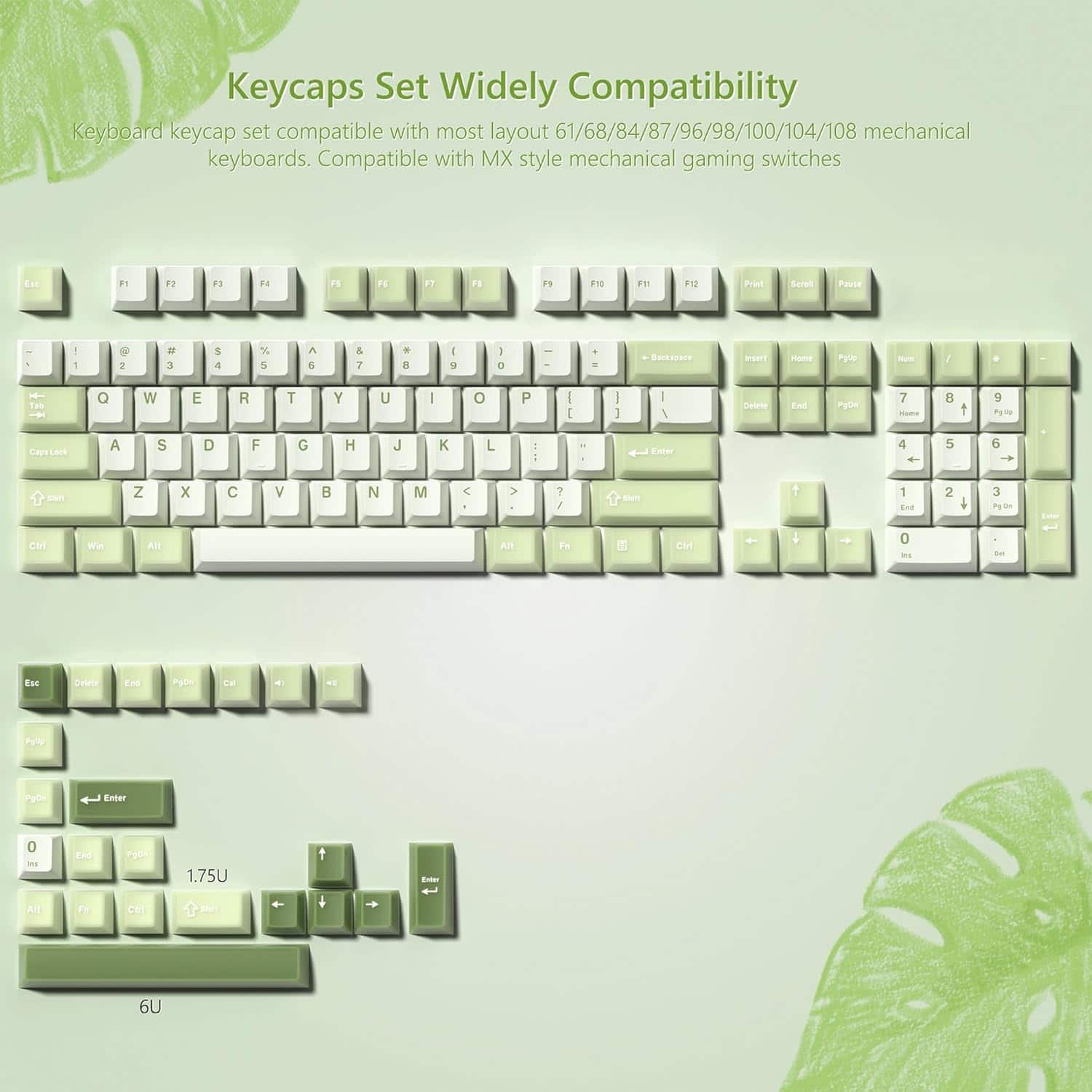 Womier - Double Shot PBT Keycaps Set , Cherry Profile Custom Keycaps for All US Layout Gaming Mechanical Keyboard - Green-129 Keys