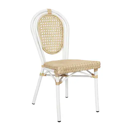 Front. Emma + Oliver - Reims Indoor/Outdoor Stacking Thonet Bistro Style Chair with PE Cane Rattan Seat and Finished Metal Frame - Natural/White Frame.