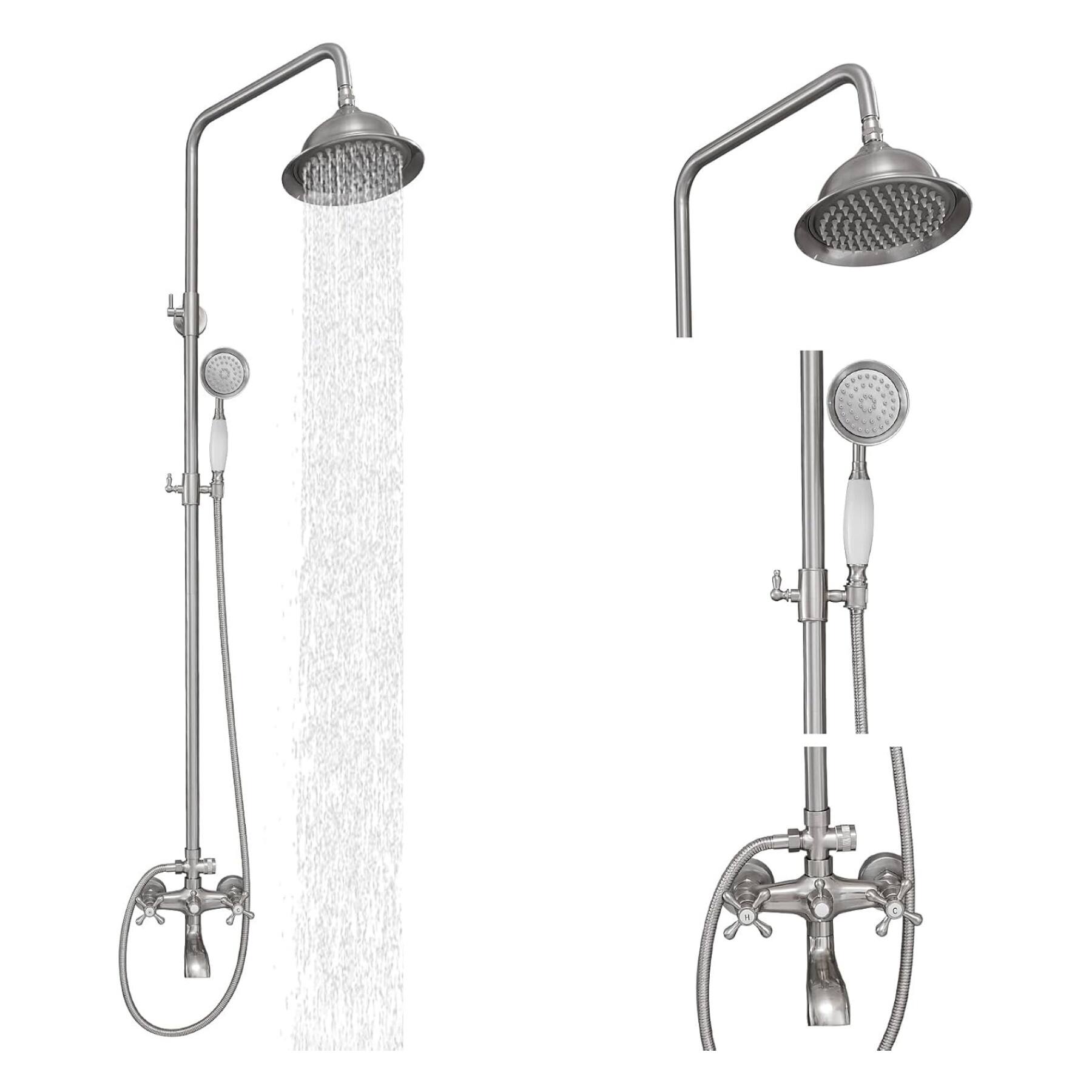 Back. Dazzed Corner - Brushed Nickel Shower Faucet Set, 8" Rain Head, Handheld Sprayer - Brushed Nickel.