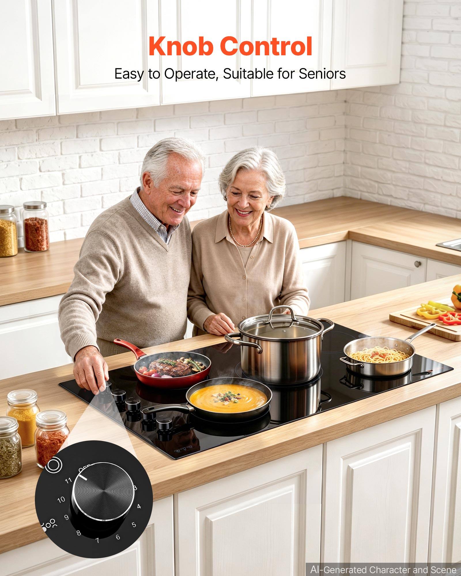 Knob Control  
Easy to Operate, Suitable for Seniors  

11 10 9 00 8  
7  
6  
B 4 5  

AI-Generated Character and Scene