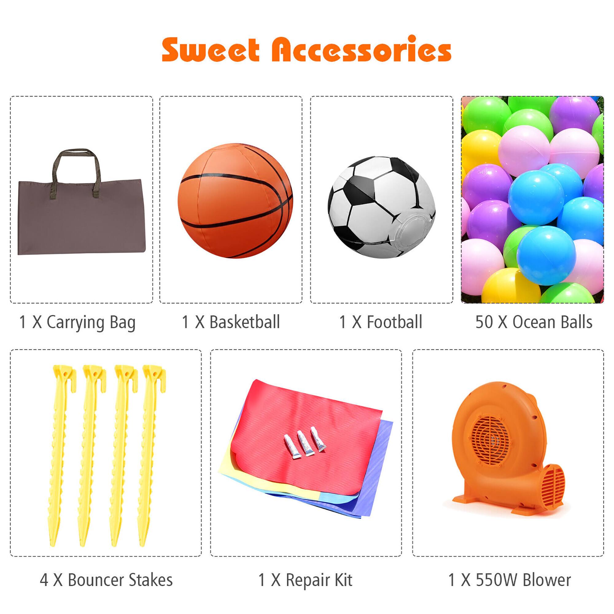 Sweet Accessories

1 X Carrying Bag  
1 X Basketball  
1 X Football  
50 X Ocean Balls  
4 X Bouncer Stakes  
1 X Repair Kit  
1 X 550W Blower
