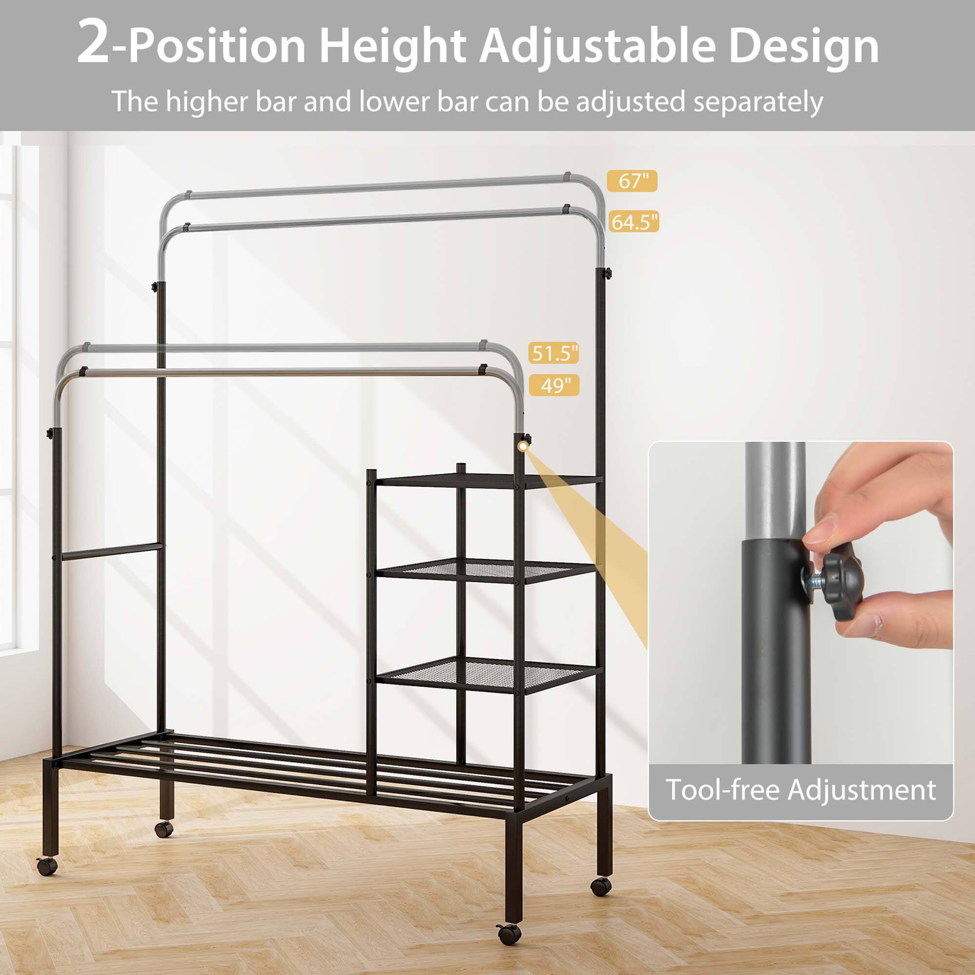 2-Position Height Adjustable Design
The higher bar and lower bar can be adjusted separately
67"
64.5"
51.5"
49"
Tool-free Adjustment