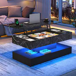 Espafurni - 39.4" Lift Top Coffee Table with LED Lights & Storage High gloss finish App-controlled lighting Multi-room use - Black marble pattern