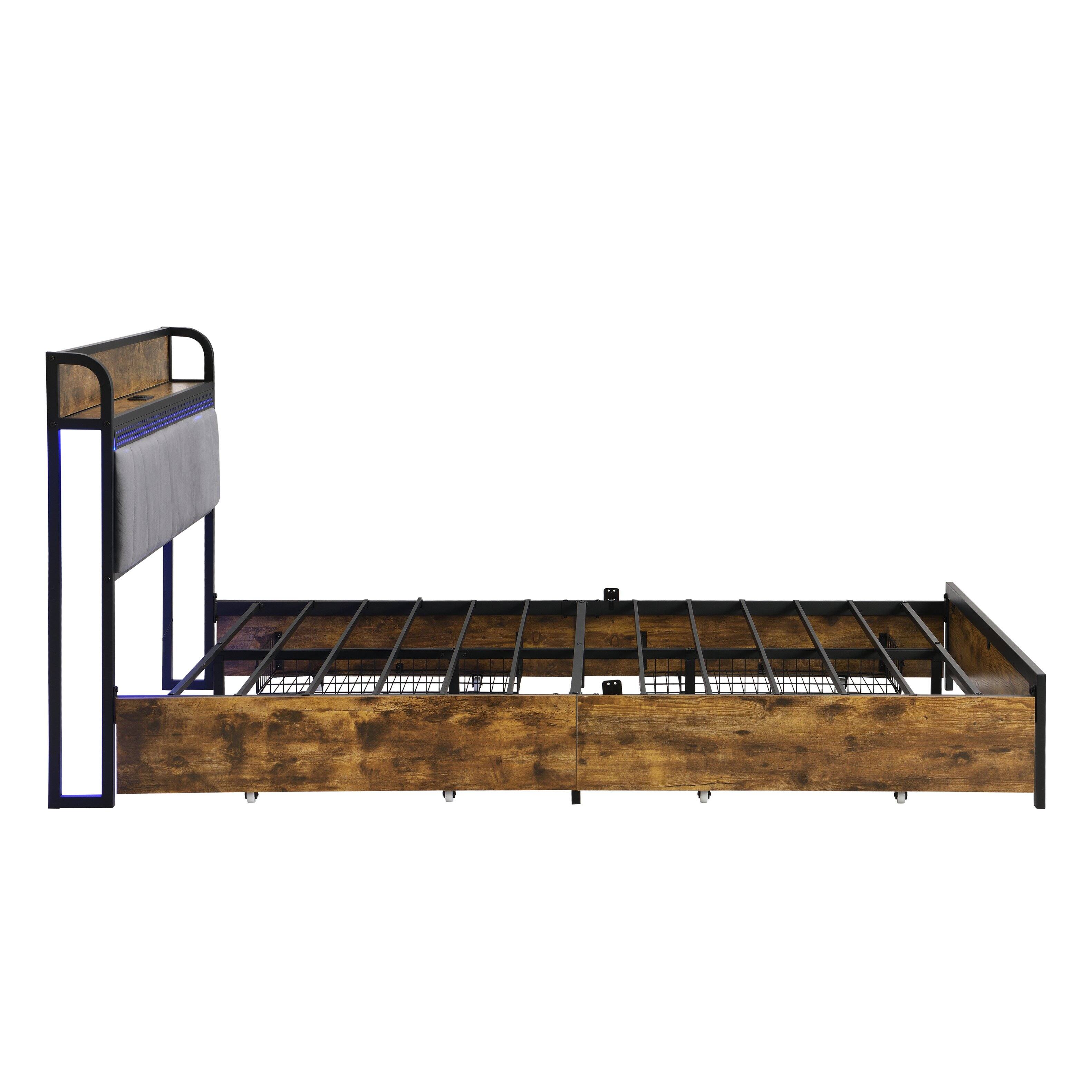 Alt View 2. LUCKY ONE - Queen Size Bed Frame with Charging Station,4 Storage Drawers and LED Lights - Brown+Grey.