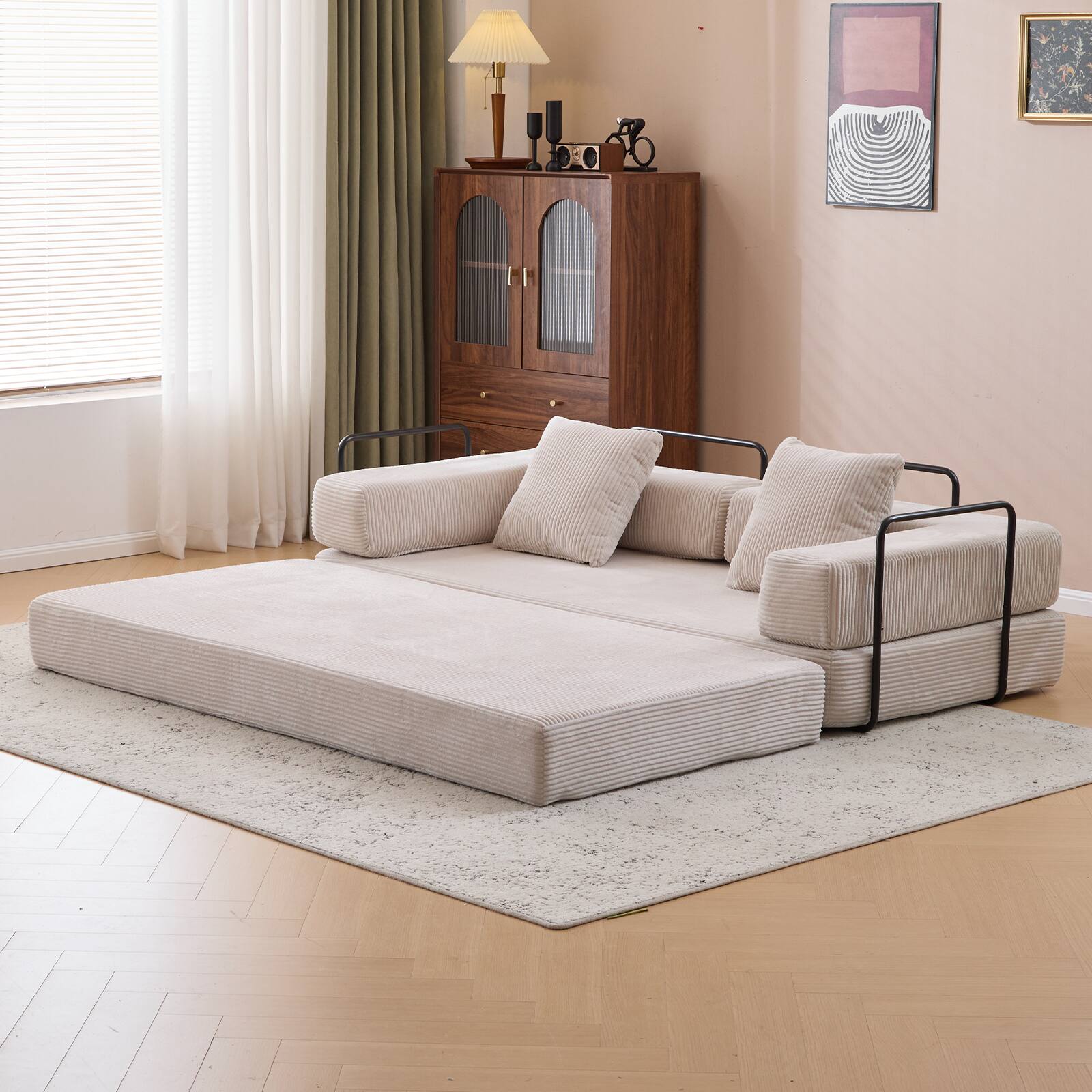Angle. Anysun - Corduroy Convertible Floor Sofa Bed with Pillow Support & Armrest - Compression Couch Sleeper for Living Room & Bedroom - Light Gray.