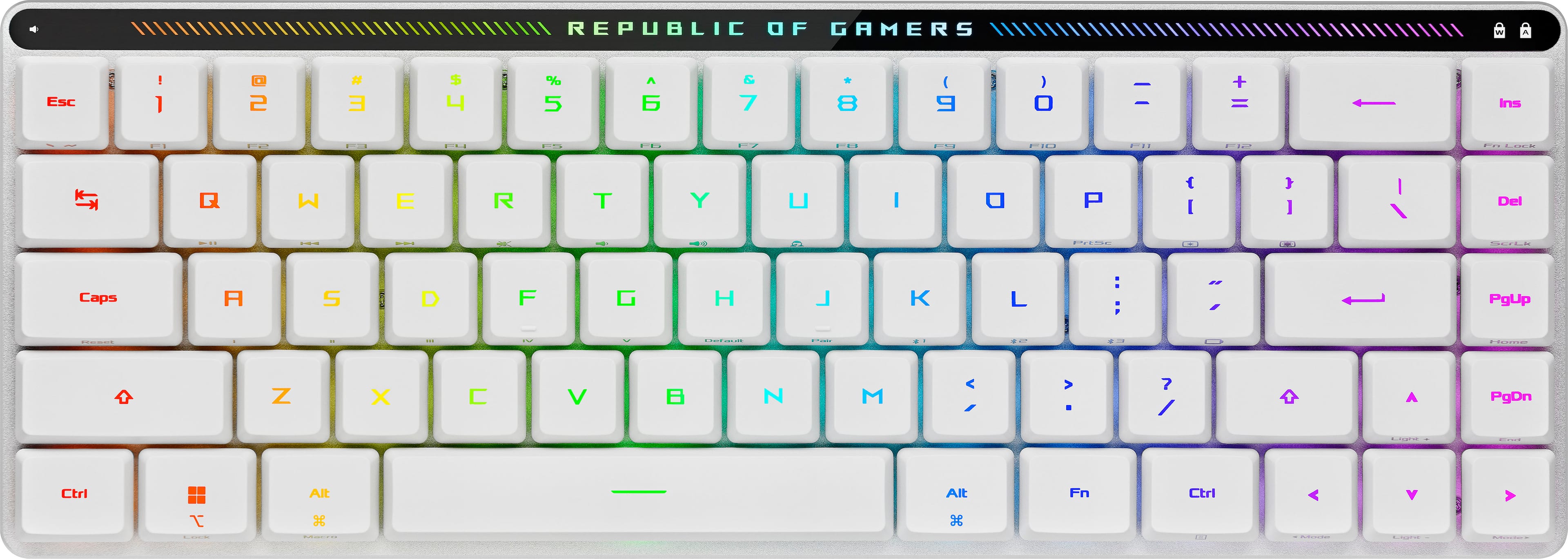 Republic of Gamers keyboard with rainbow colors.