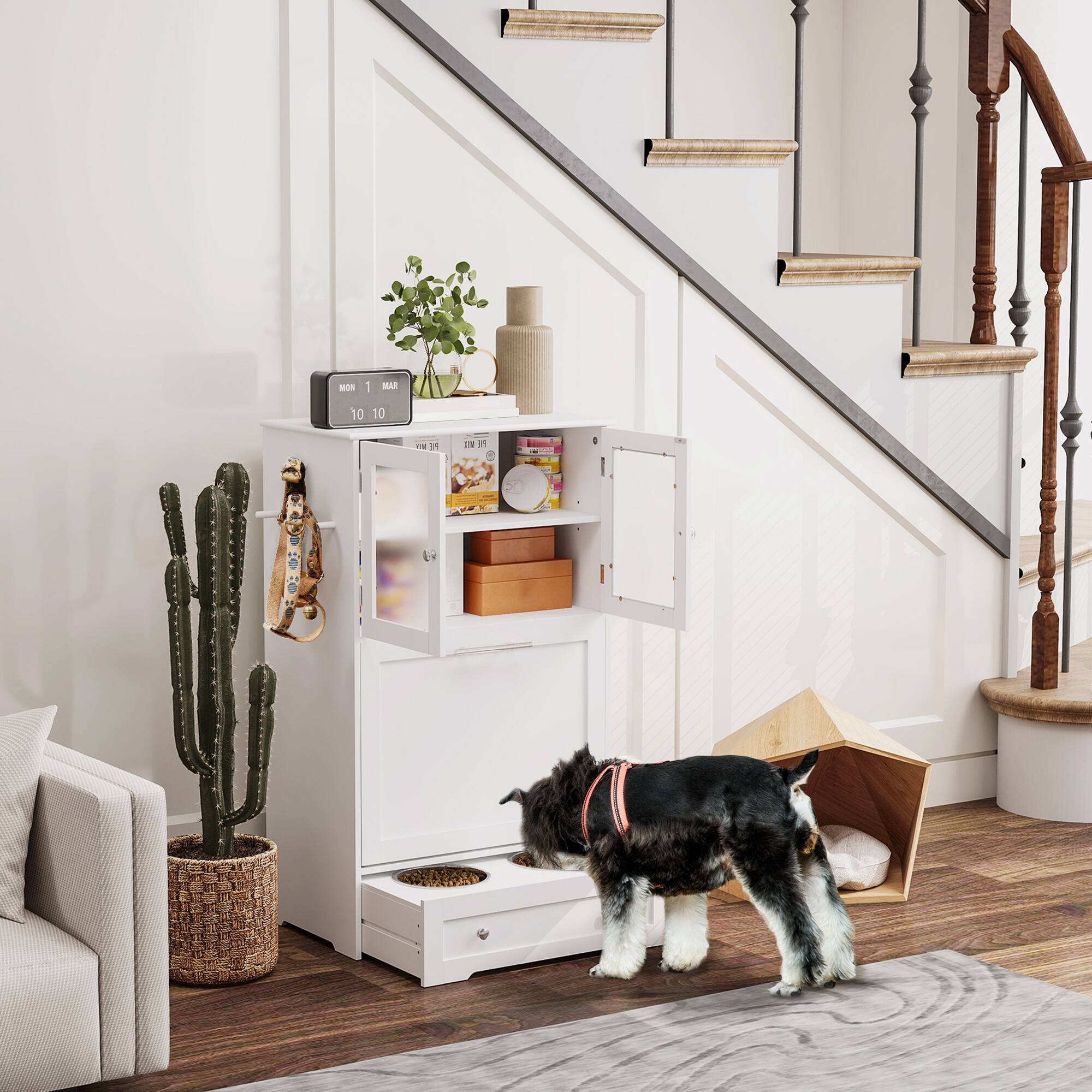 Angle. Pawhut - Dog Feeding Station with 2 Cabinets, Feeding Station with 2 Bowls, HiddenFeeder Station for Feeding & Watering - White.