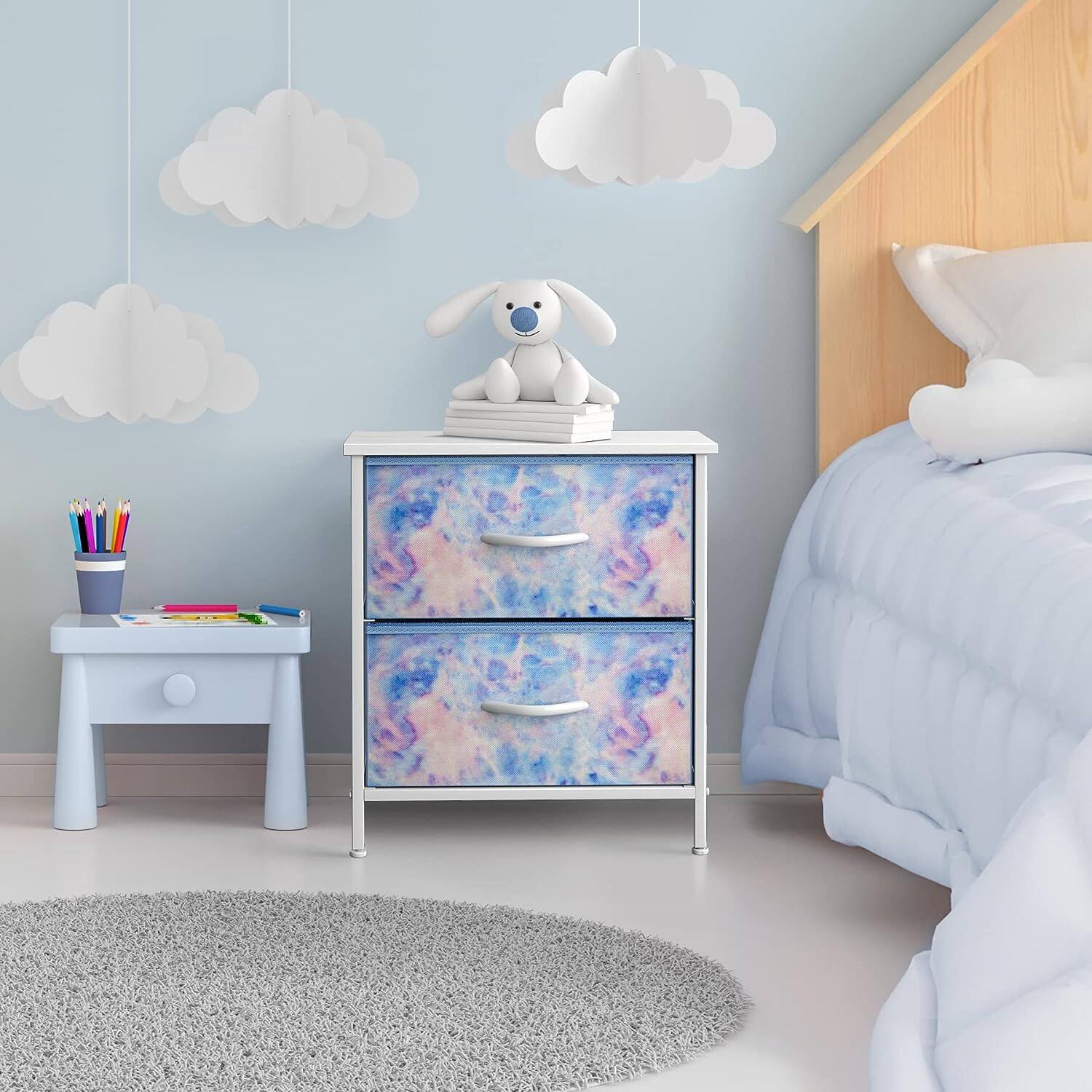 Angle. Sorbus - Sorbus Nightstand with 2 Drawers - Steel Frame, Wood Top &Fabric Bins -Home, Bedroom, Office &College Dorm, Kids Bedside - Tie Dye Blue.
