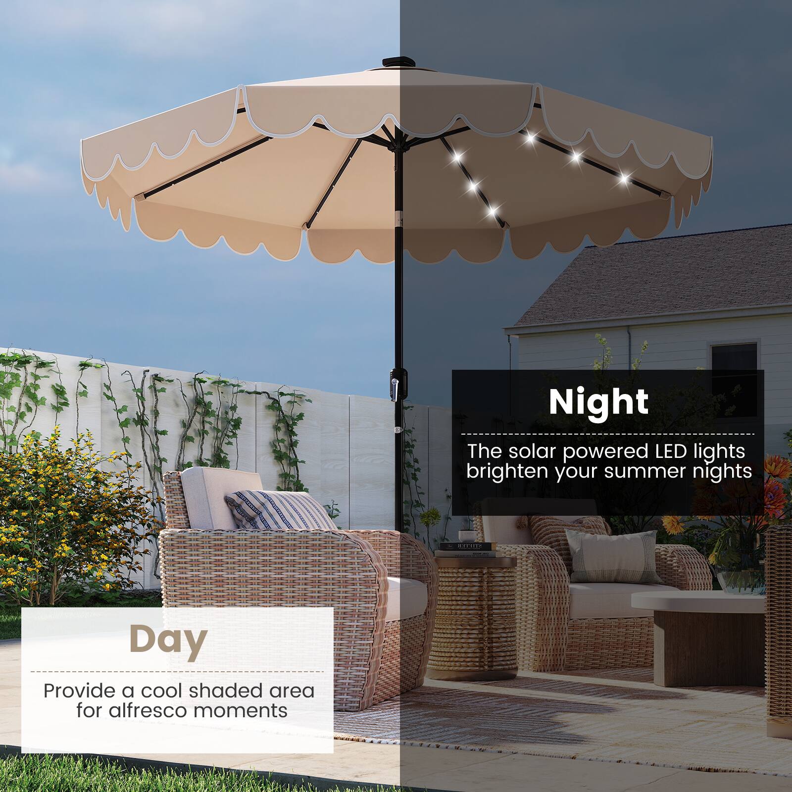Night  
The solar powered LED lights brighten your summer nights  

Day  
Provide a cool shaded area for alfresco moments