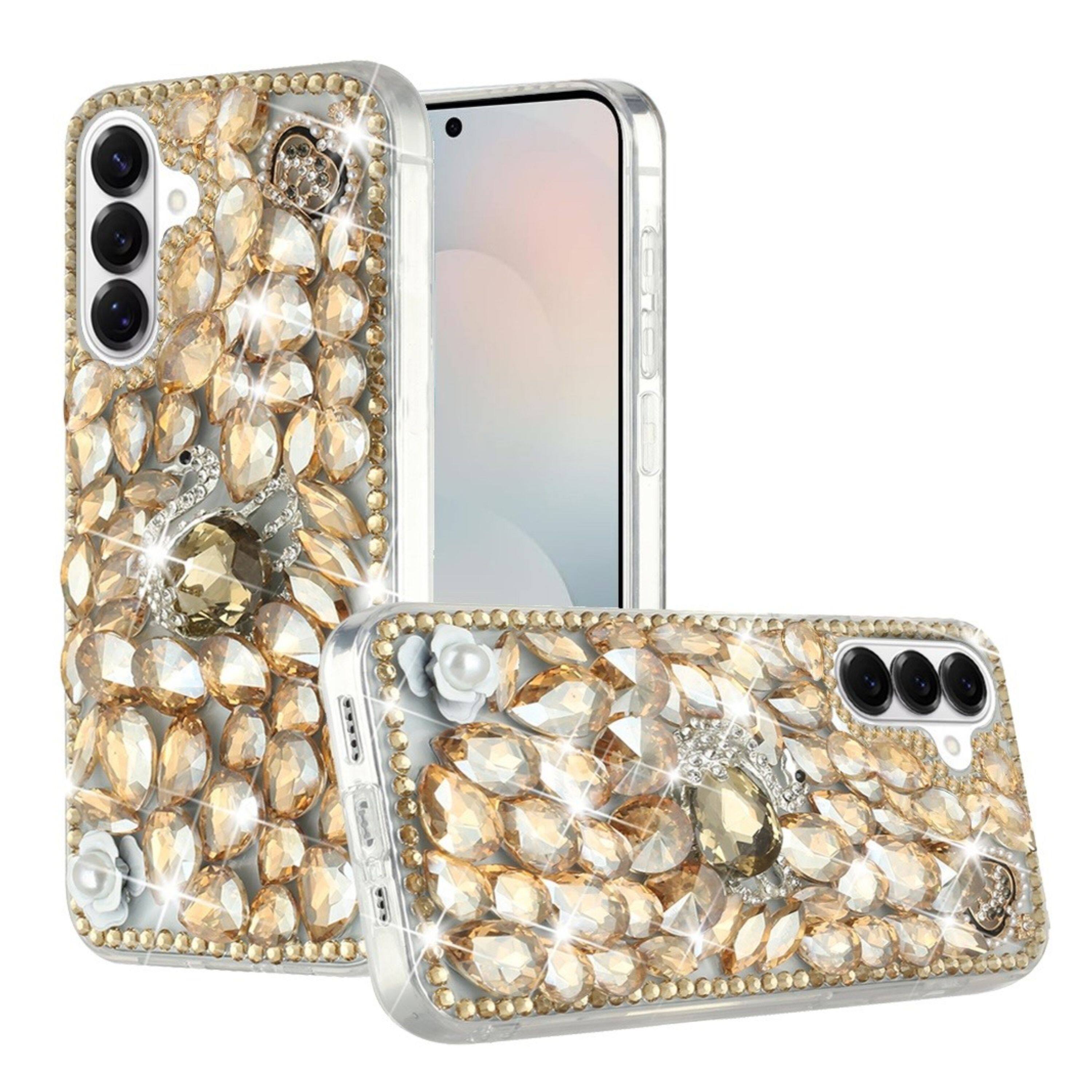 Angle. Kitcheniva - Full Diamond Bling 3D Jewel Ornaments Design Phone Case With Tempered Glass For Samsung S26 Gold Swan - Gold.