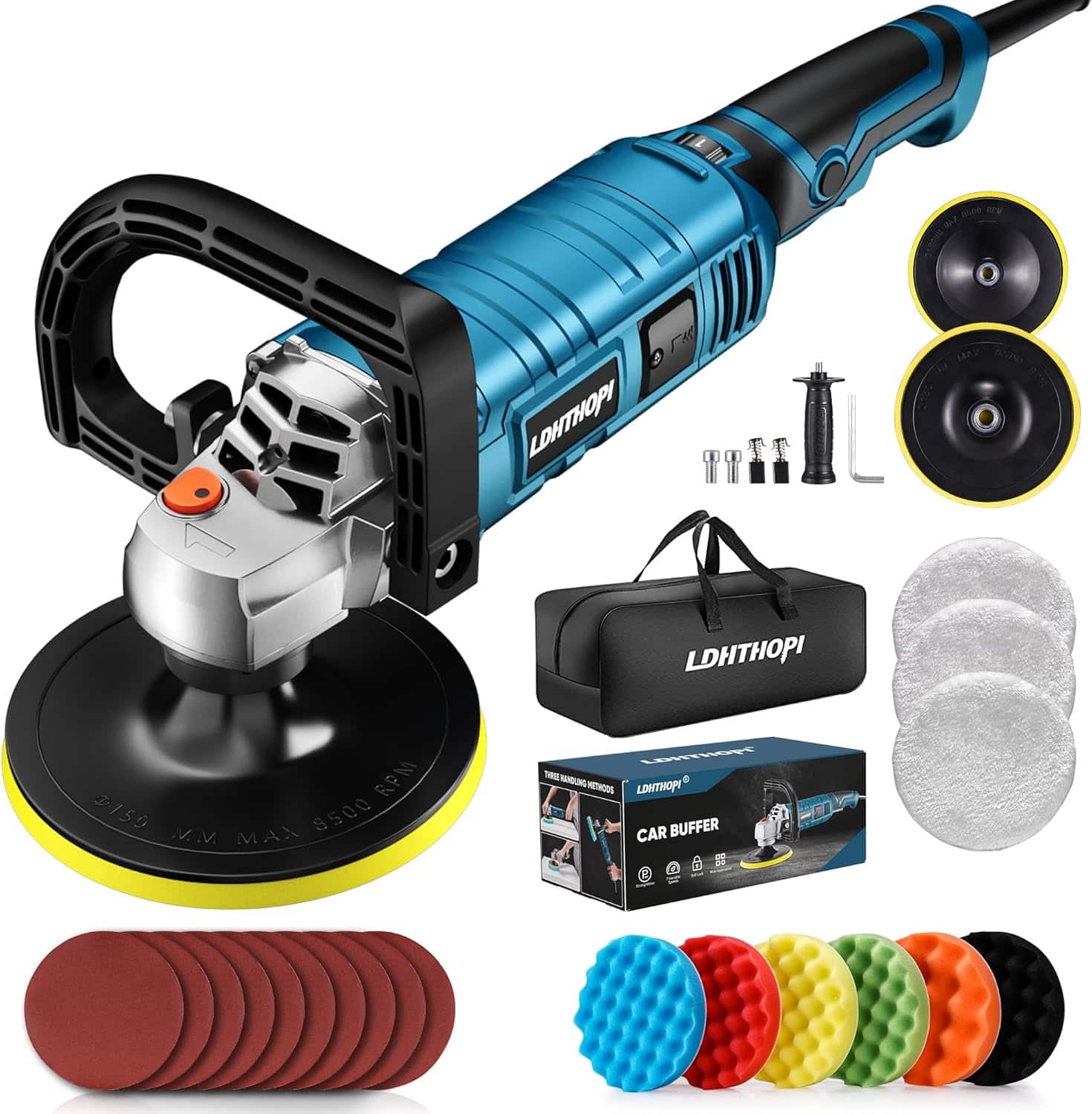 LDHTHOPI - 1600W Buffer Polisher, 7 Inch/6 Inch Rotary Buffer Polisher Waxer, 7 Variable Speeds 1000-3500 RPM - Blue