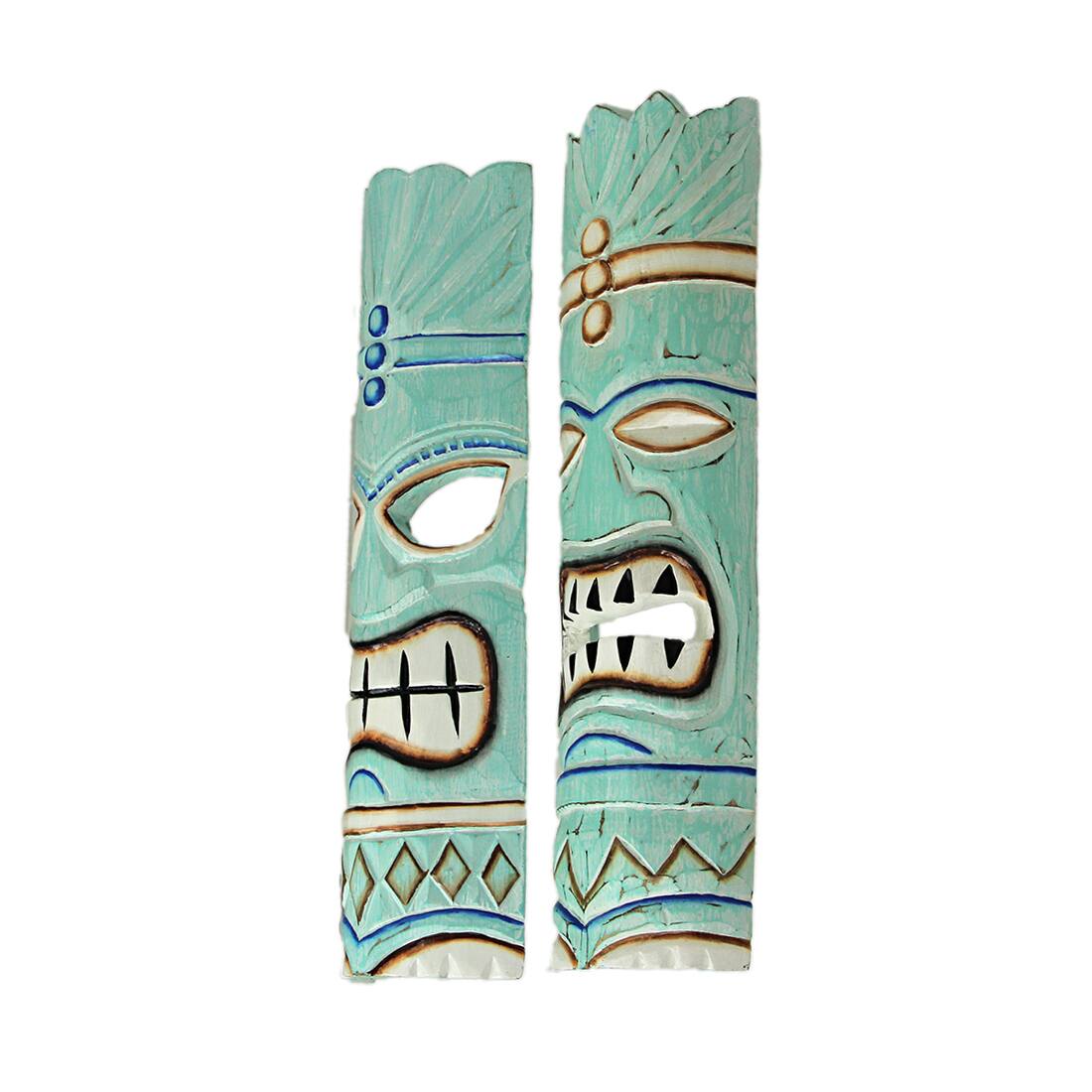 Alt View 2. Things2Die4 - Handcrafted Aqua Blue Traditional Polynesian Style Wooden Tiki Mask Wall Hangings – 20 Inches High - Set of 2 - Blue.