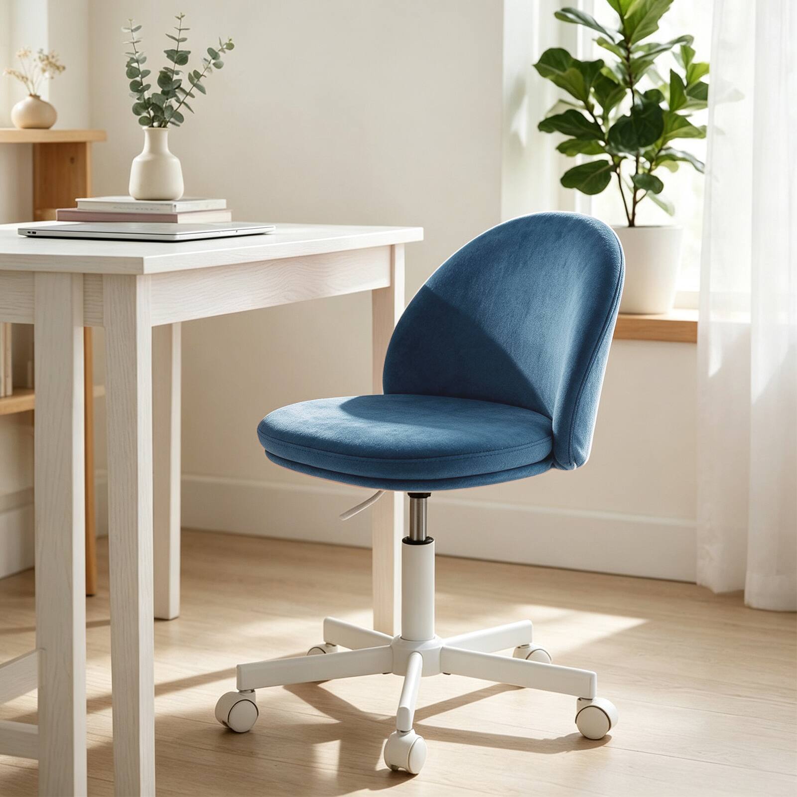 Alt View 1. Costway - Costway Ergonomic Makeup Chair with Lumbar Support, Vanity Chair, Adjustable Height - Blue.