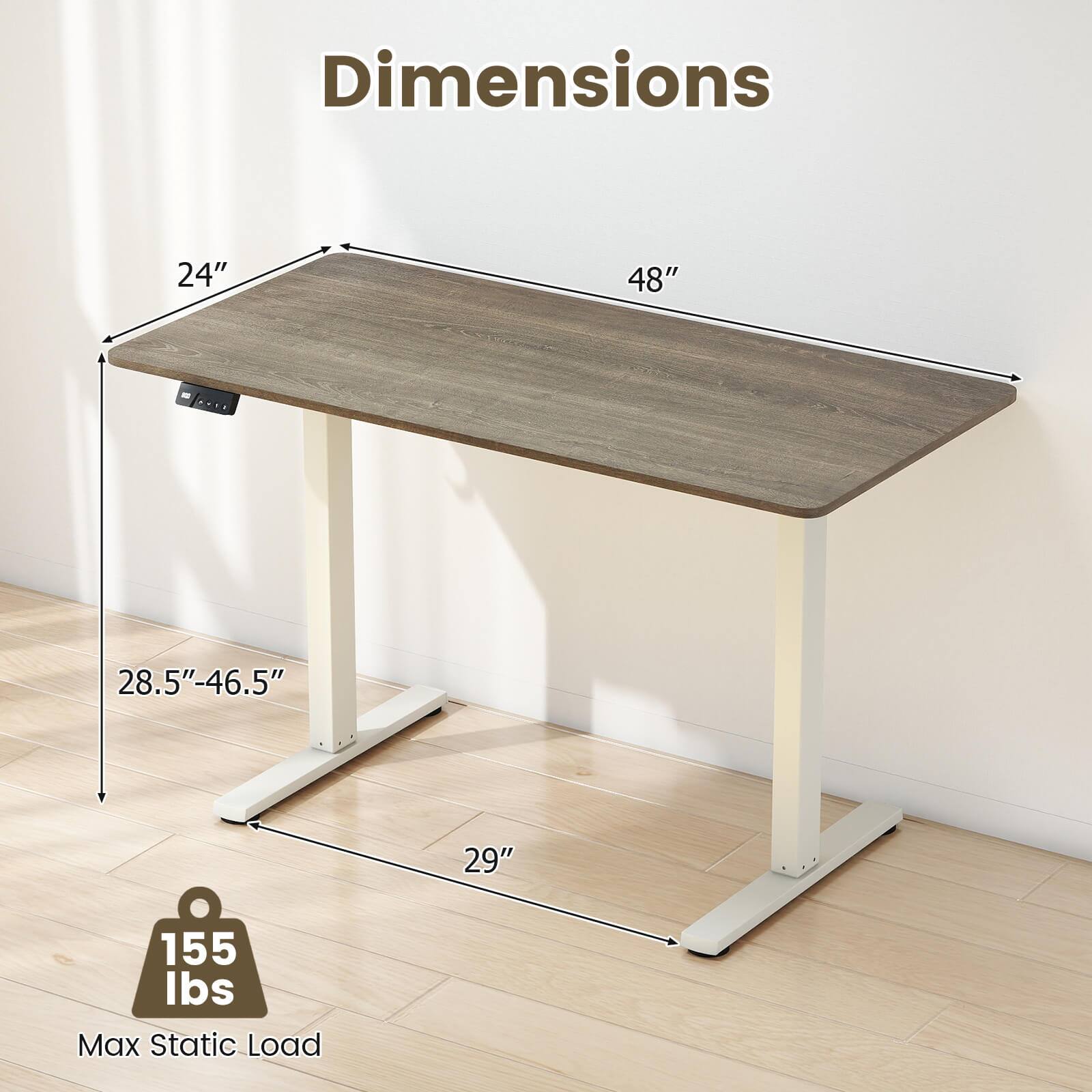 Dimensions:  
- Length: 48"  
- Width: 24"  
- Height: 28.5"-46.5"  
- Depth: 29"  
Max Static Load: 155 lbs