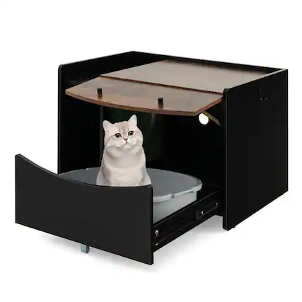 Front. Pefilos - Cat Litter Box Enclosure with Pull-out Drawer-Black, Cat Litter Box Enclosure , Hidden Cat Washroom Furniture, Pet Crate - Brown.