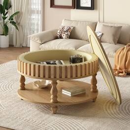 Loheer - Mid Century Modern Fluted Coffee Table, Round Center Table with Hidden Storage, 31.5 Inch - Natural Wood