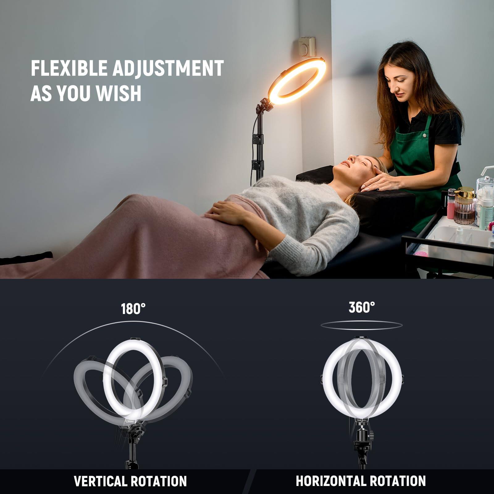FLEXIBLE ADJUSTMENT AS YOU WISH

180° VERTICAL ROTATION

360° HORIZONTAL ROTATION