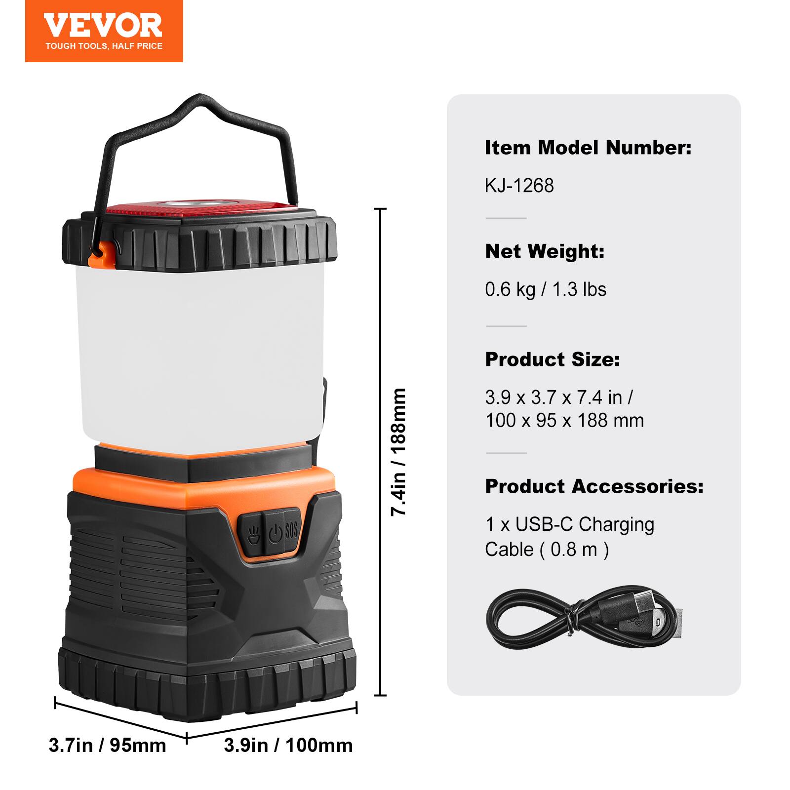 VEVOR  
TOUGH TOOLS, HALF PRICE  

Item Model Number: KJ-1268  

Net Weight: 0.6 kg / 1.3 lbs  

Product Size: 3.9 x 3.7 x 7.4 in / 100 x 95 x 188 mm  

Product Accessories:  
1 x USB-C Charging Cable (0.8 m)