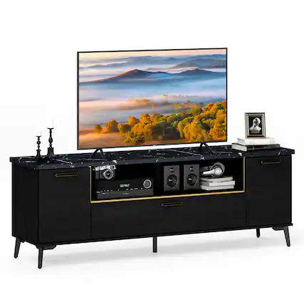 Front. Gymax - Gymax Mid Century Modern Entertainment Center 63-Inch TV Stand for TVs up to 75'' - Black.