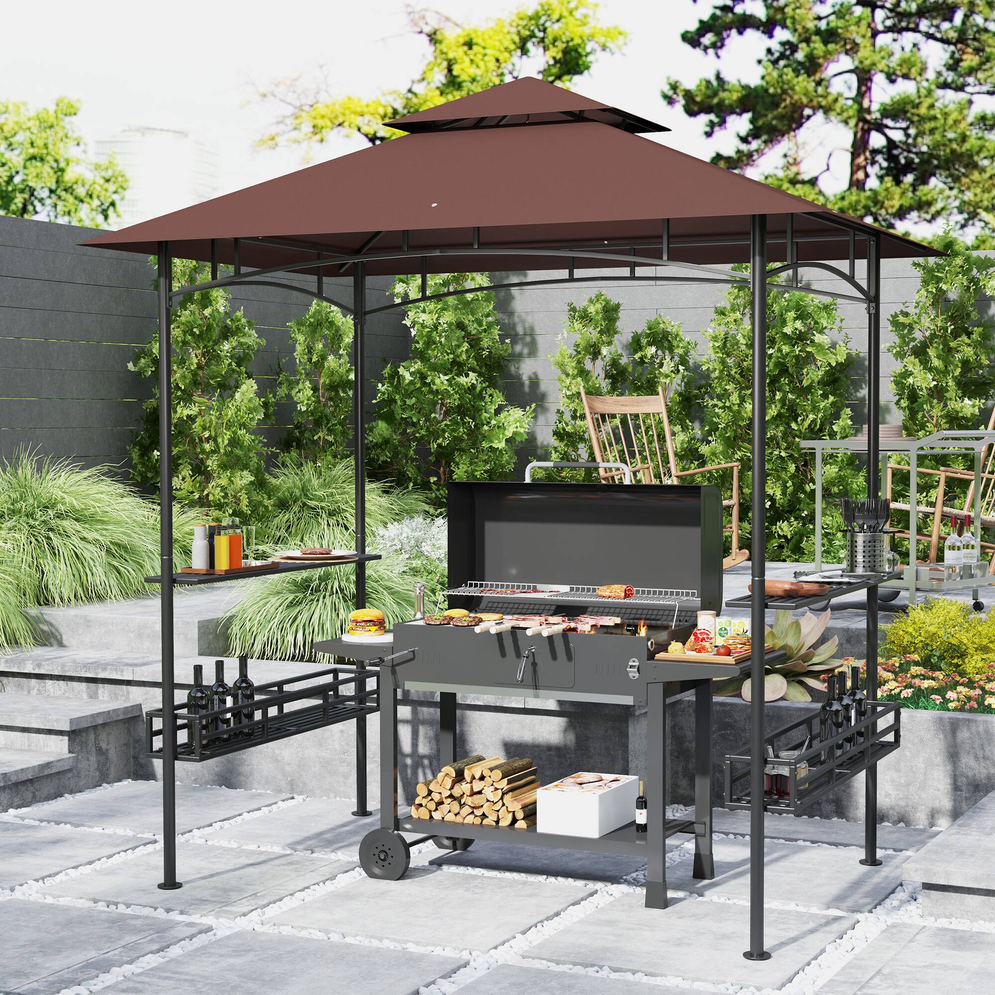 Alt View 1. Outsunny - x 5' BBQ Grill Gazebo, 2-Tier Outdoor BBQ Gazebo with 2 Side Shelves, Storage Baskets, Ceiling Hook - Brown.