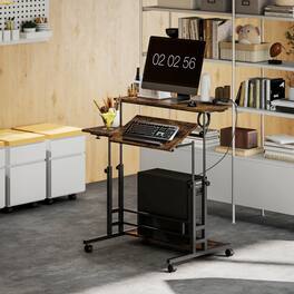 Anysun - Adjustable Standing Desk with Power Outlets, Tiltable Tabletop & Wheels, Mobile Workstation with Storage Shelf - Brown