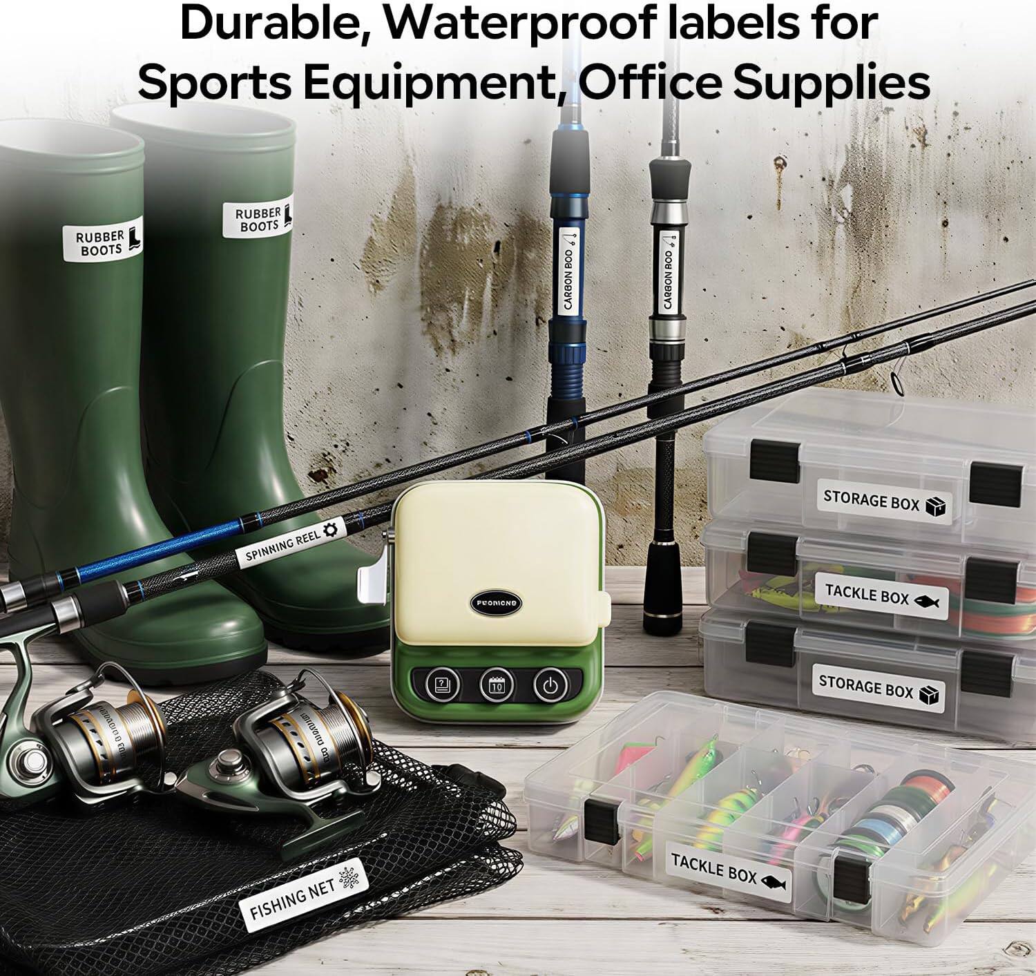 Durable, Waterproof labels for Sports Equipment, Office Supplies

RUBBER BOOTS
RUBBER BOOTS
BOO CARBON
BOD CARBON BOO
STORAGE BOX
REEL SPINNING
TACKLE BOX
EDIDED
200
STORAGE BOX
NET FISHING
TACKLE BOX