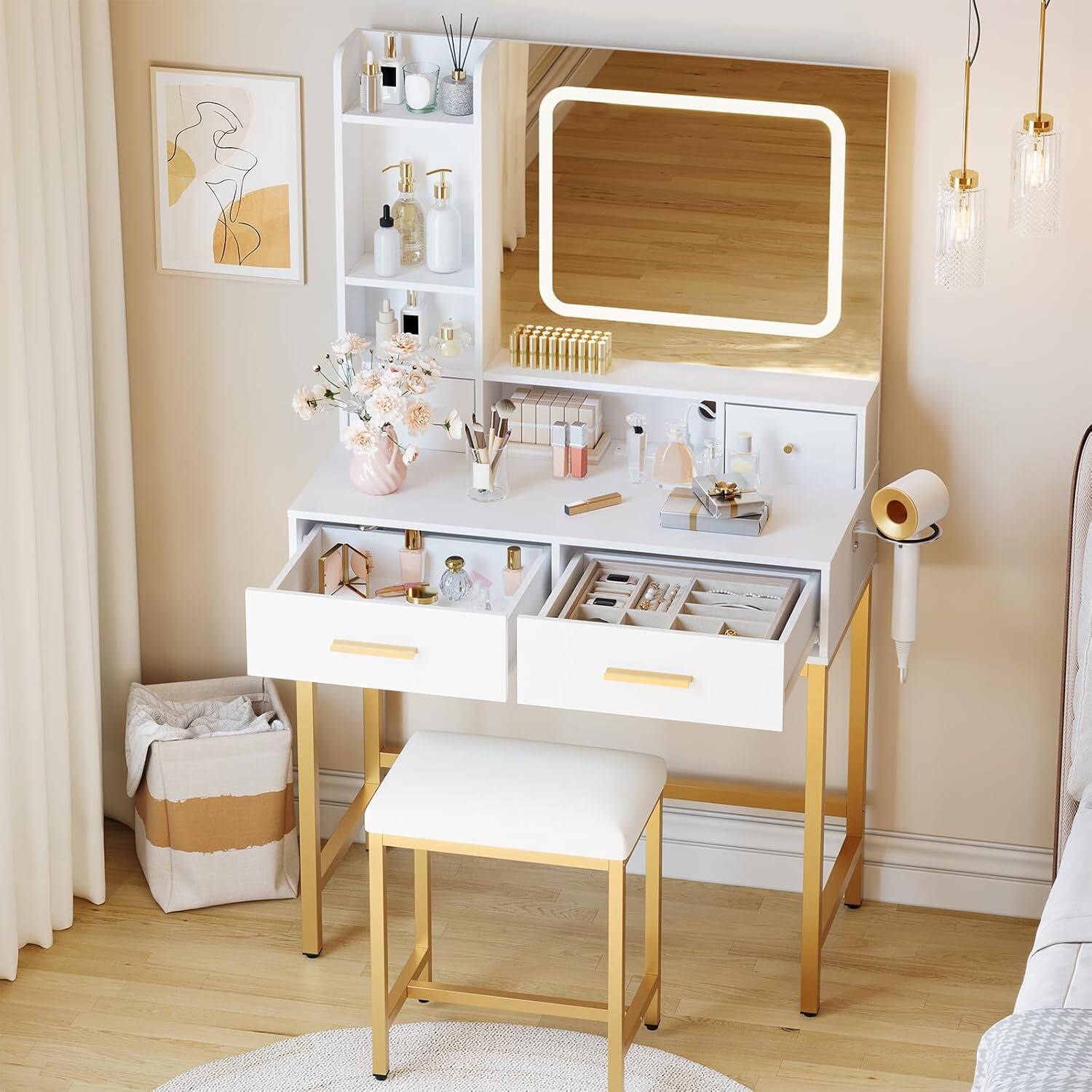 Alt View 3. GARVEE - Vanity Desk with Mirror & LED Lights, Charging Station, 4 Drawers, 2 Shelves, White & Gold, 53" Makeup Table, White - white.