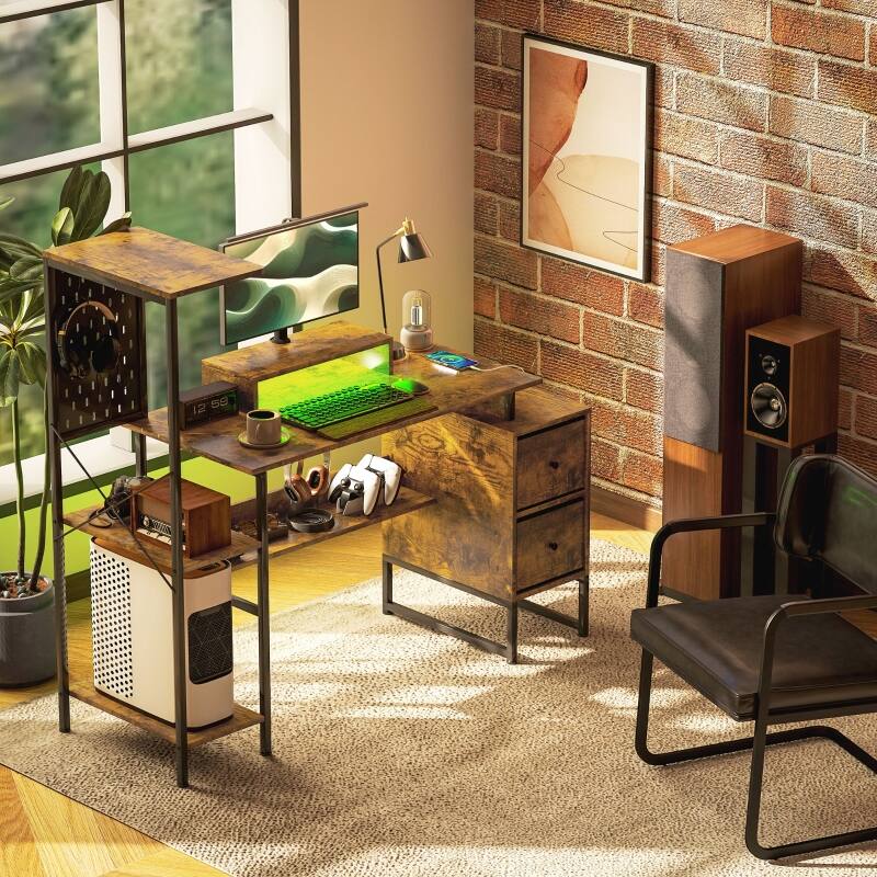 Left. Anysun - 56" Computer Desk with Power Outlets, LED Lights & Storage Shelves for Home Office or Gaming - Rustic Brown.