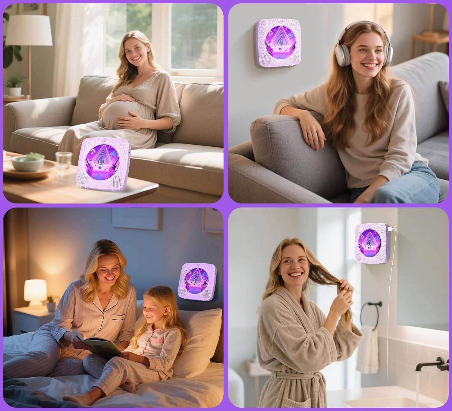 Alt View 3. FINEAK - Portable Bluetooth CD Player-Rechargeable Home & Wall Mount with Speakers - Purple.