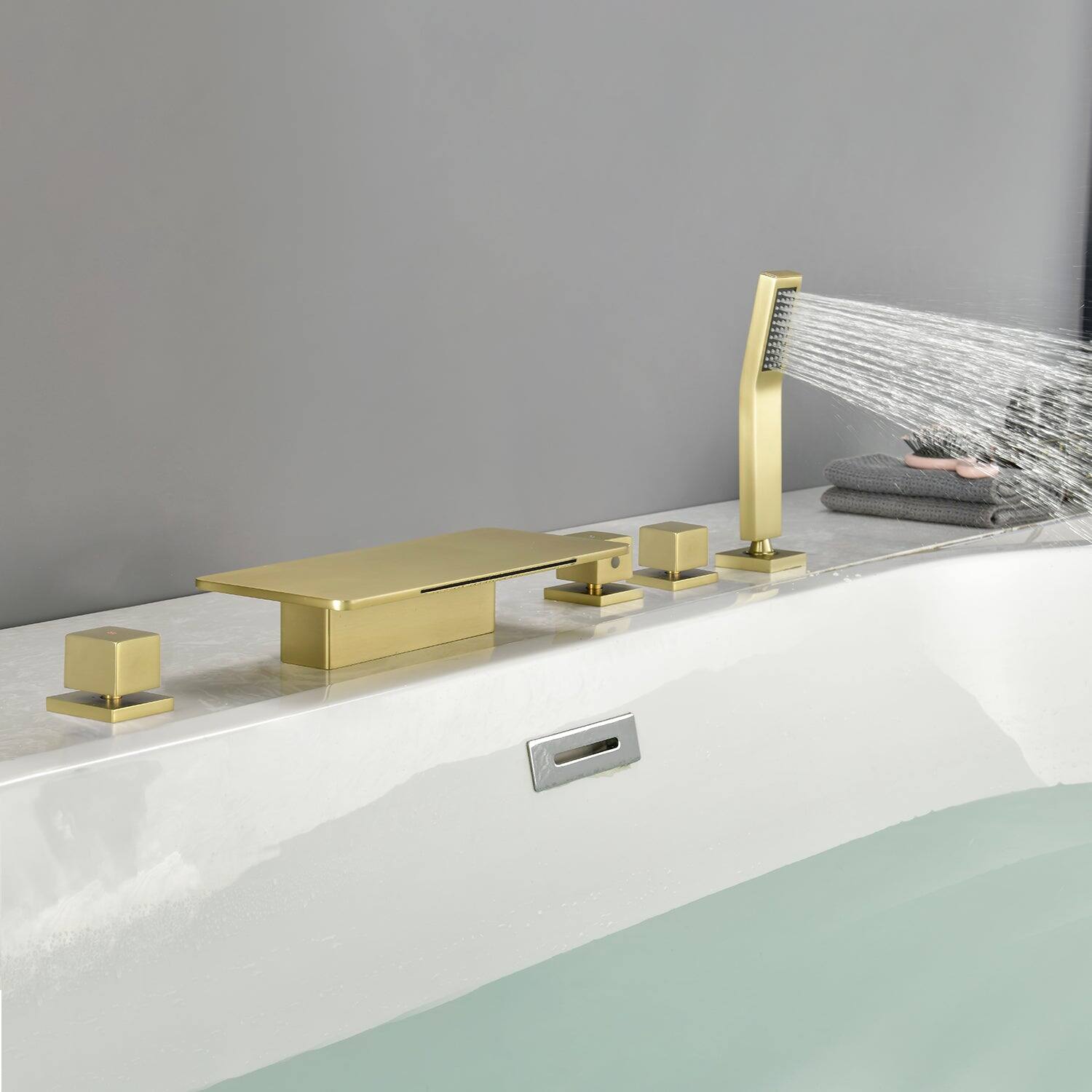 Alt View 3. Boyel Living - Brushed Gold Bathtub Faucet with Waterfall Spout and Handheld Shower Five Hole Installation Hot Cold Control - Brushed Gold.