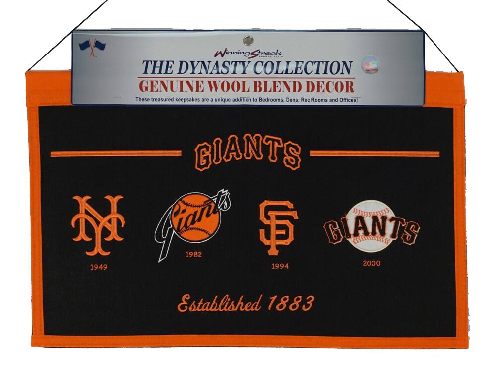 **Winning Streak**  
**The Dynasty Collection**  
**Genuine Wool Blend Decor**  

These treasured keepsakes are a unique addition to Bedrooms, Dens, Rec Rooms and Offices!  

**Giants**  
1949  
1982  
1994  
2000  

Established 1883