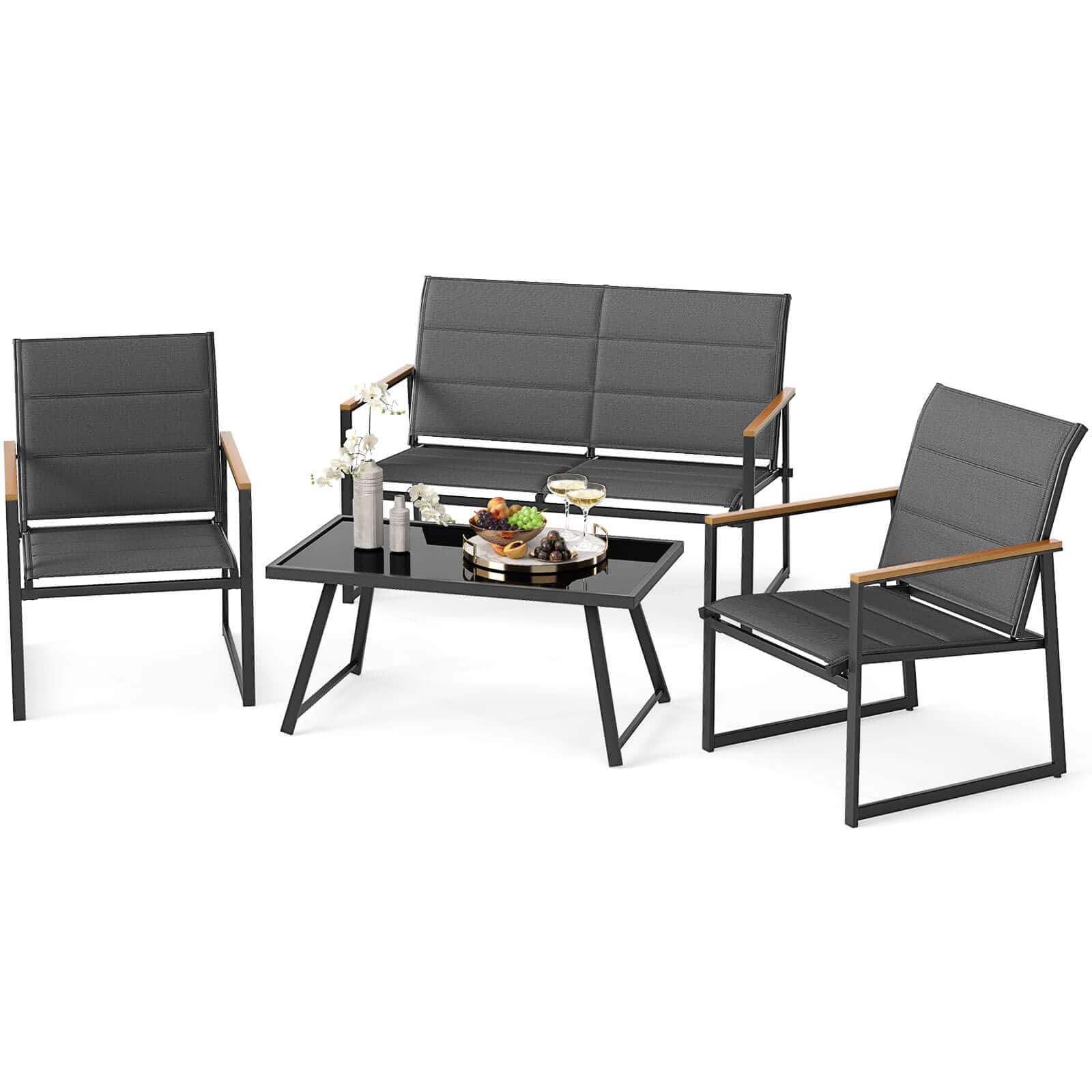 Costway - 4 PCS Patio Furniture Set with Padded Fabric Seat & Wood-Plastic Armrests Table - Gray