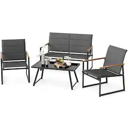 Costway - 4 PCS Patio Furniture Set with Padded Fabric Seat & Wood-Plastic Armrests Table - Gray
