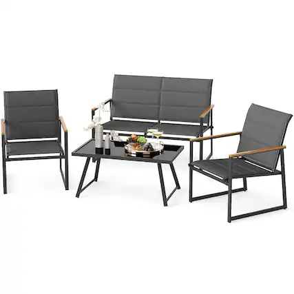 Front. Costway - Costway 4 PCS Patio Furniture Set with Padded Fabric Seat & Wood-Plastic Armrests Table - Grey.