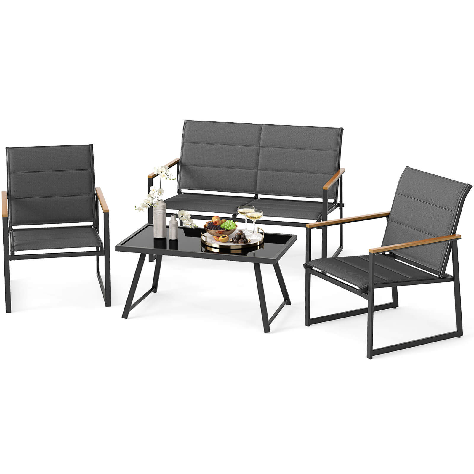 Front. Costway - Costway 4 PCS Patio Furniture Set with Padded Fabric Seat & Wood-Plastic Armrests Table - Grey.